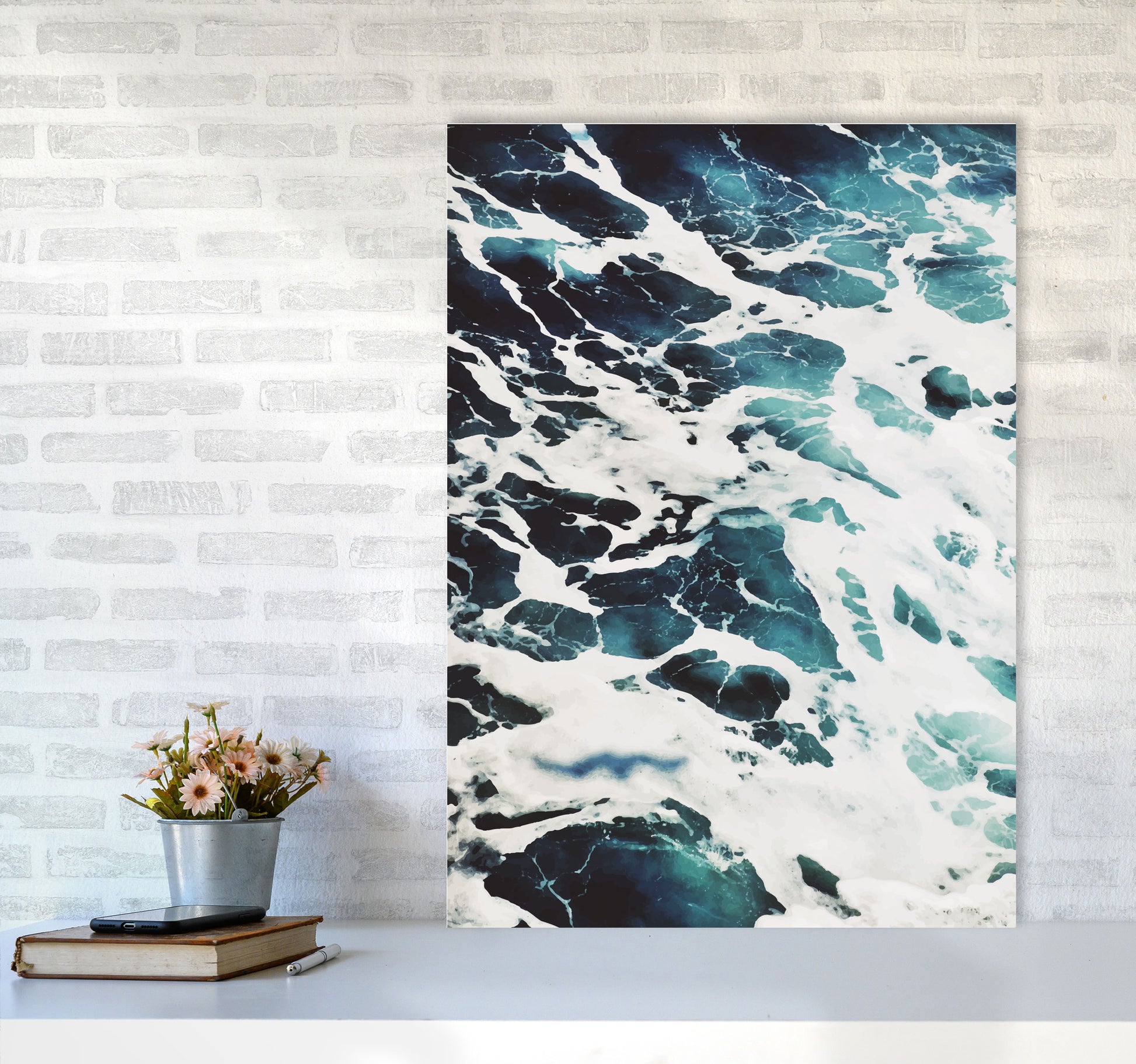 Blue White Water Modern Print, Framed Botanical & Nature Art Print A1 Black Frame