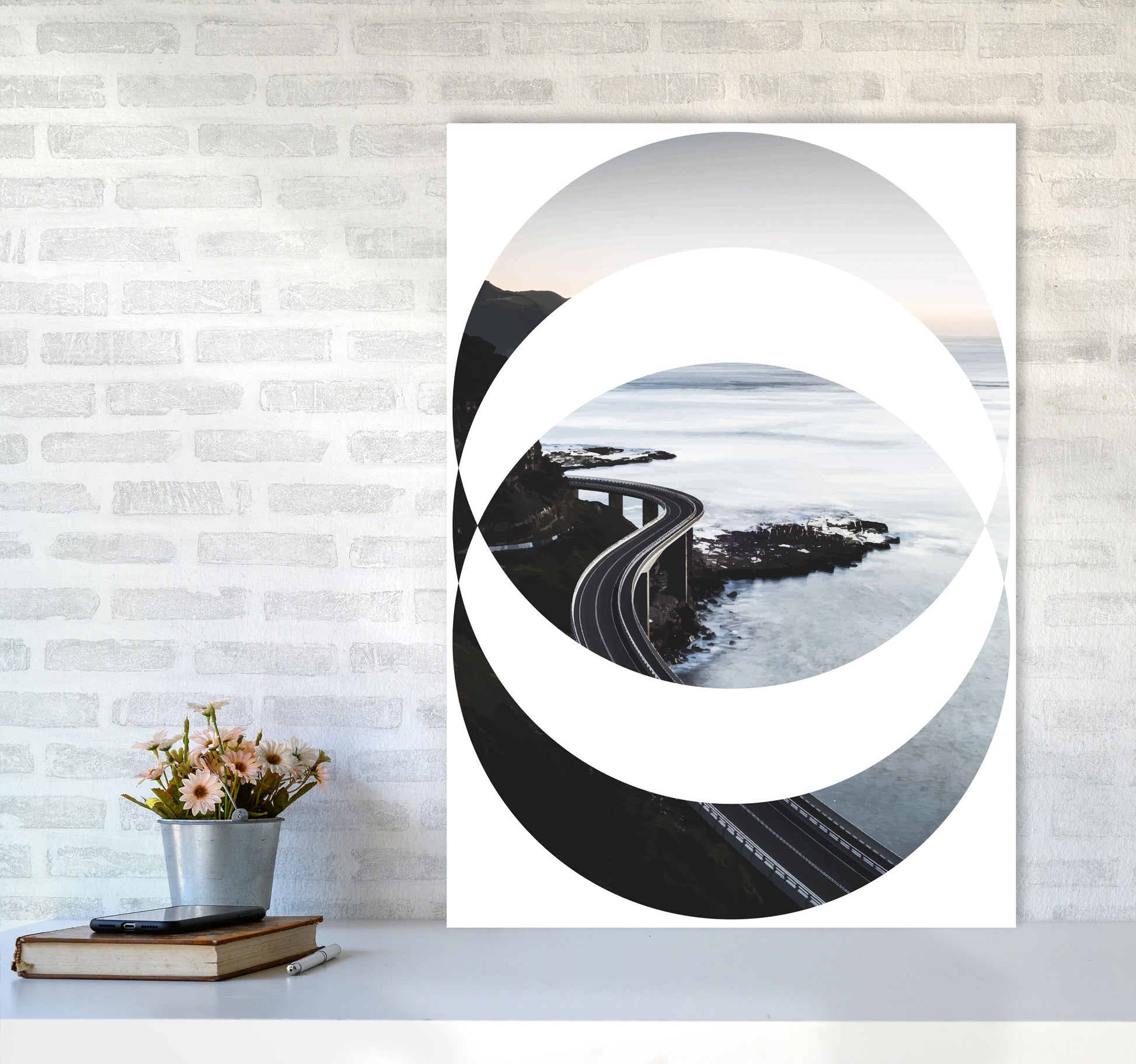 Black Road Oval Modern Print, Framed Botanical & Nature Art Print A1 Black Frame