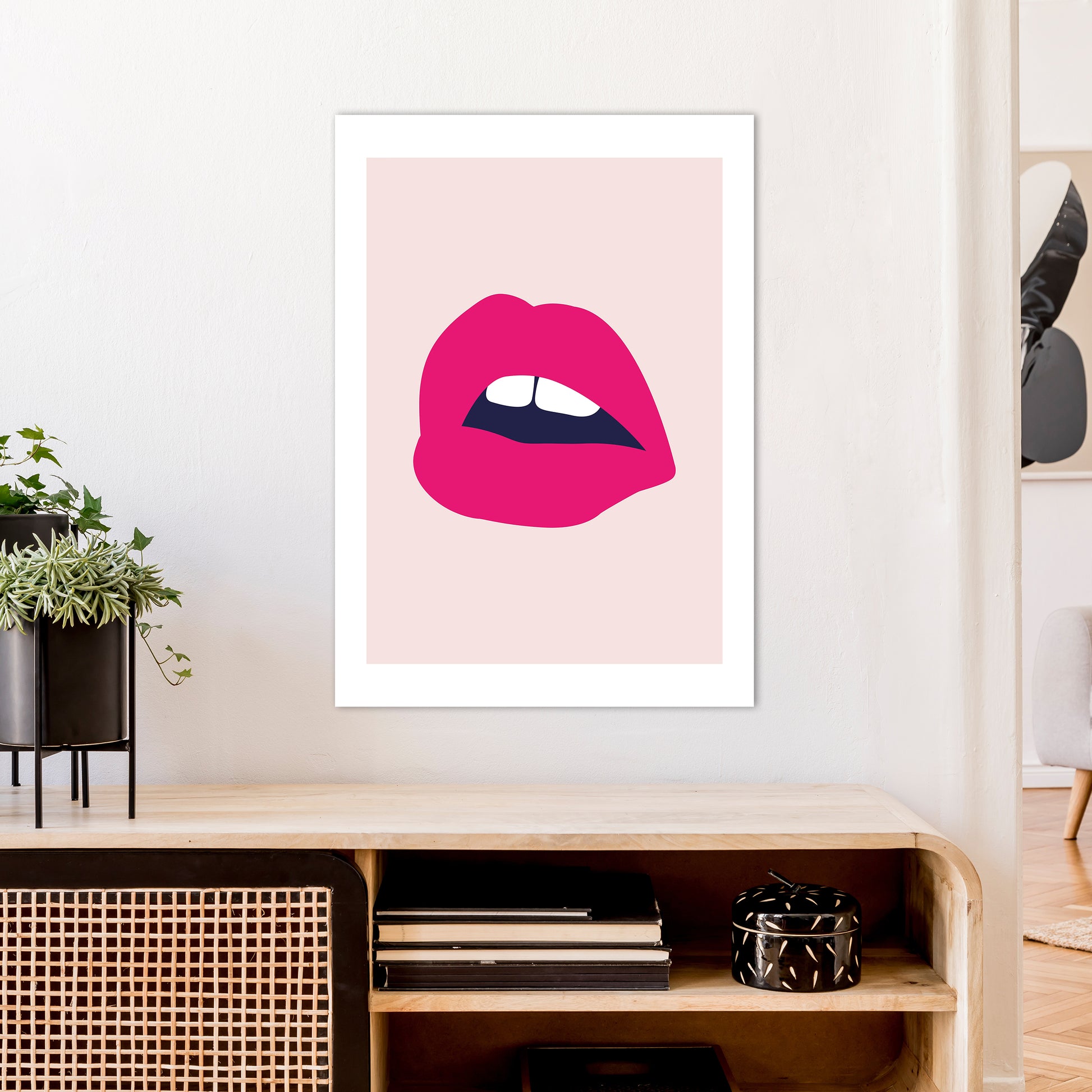 Pink Lips Salmon Back  Art Print by Pixy Paper A1 Black Frame