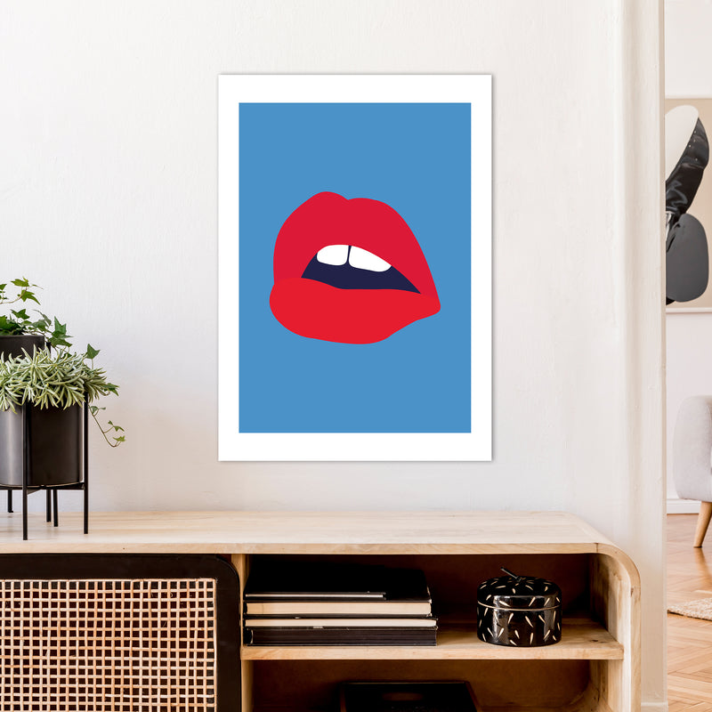 Red Lips Blue Back  Art Print by Pixy Paper A1 Black Frame