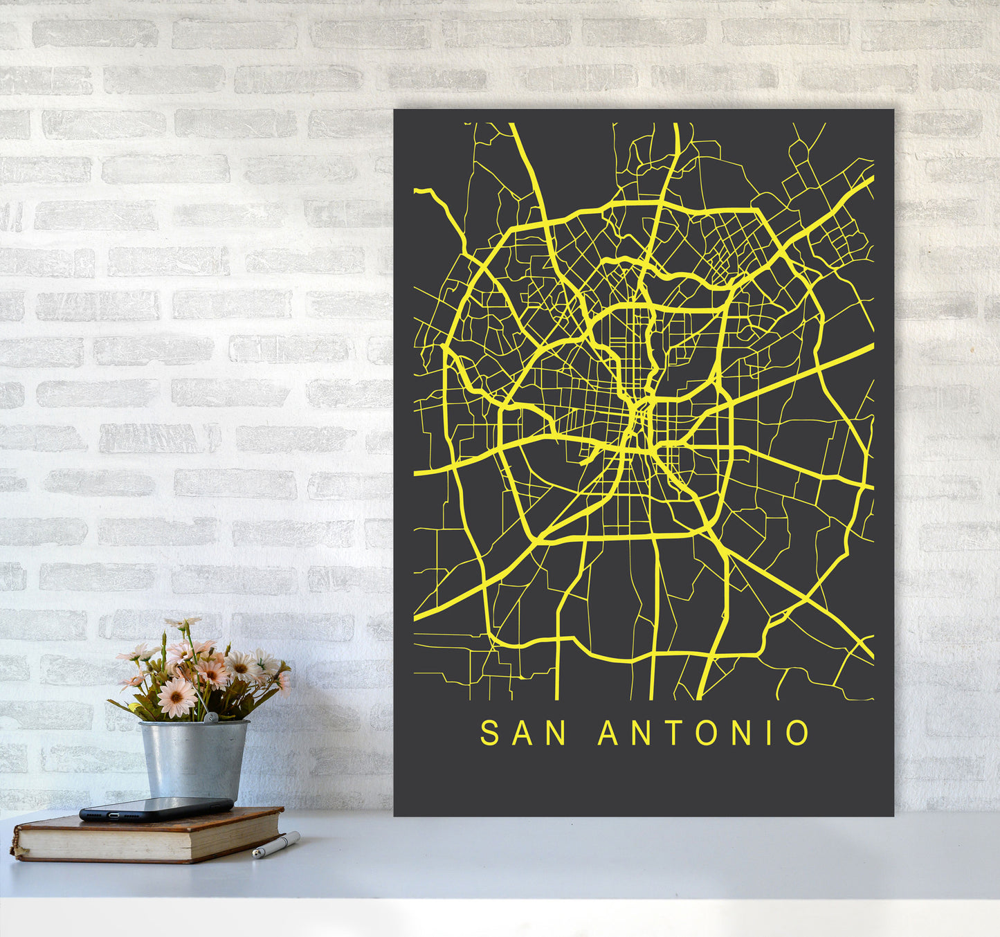 San Antonio Map Neon Art Print by Pixy Paper A1 Black Frame