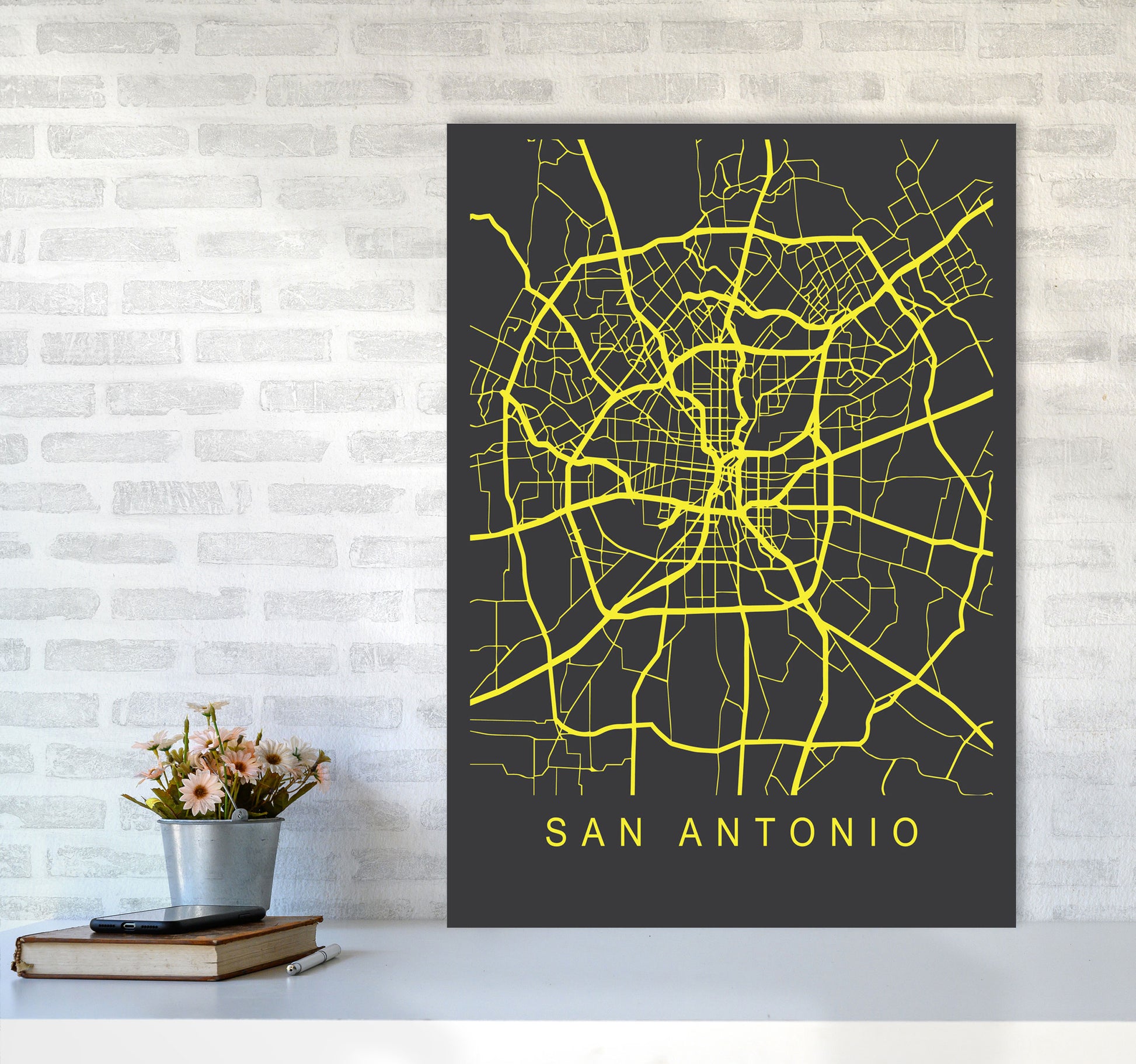 San Antonio Map Neon Art Print by Pixy Paper A1 Black Frame