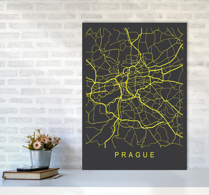 Prague Map Neon Art Print by Pixy Paper A1 Black Frame