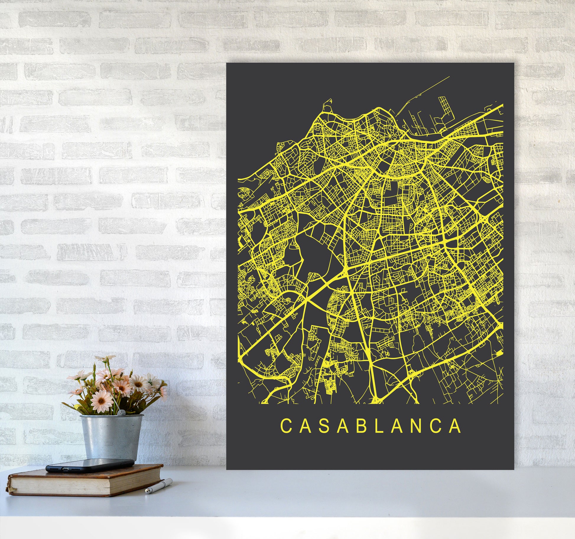 Casablanca Map Neon Art Print by Pixy Paper A1 Black Frame