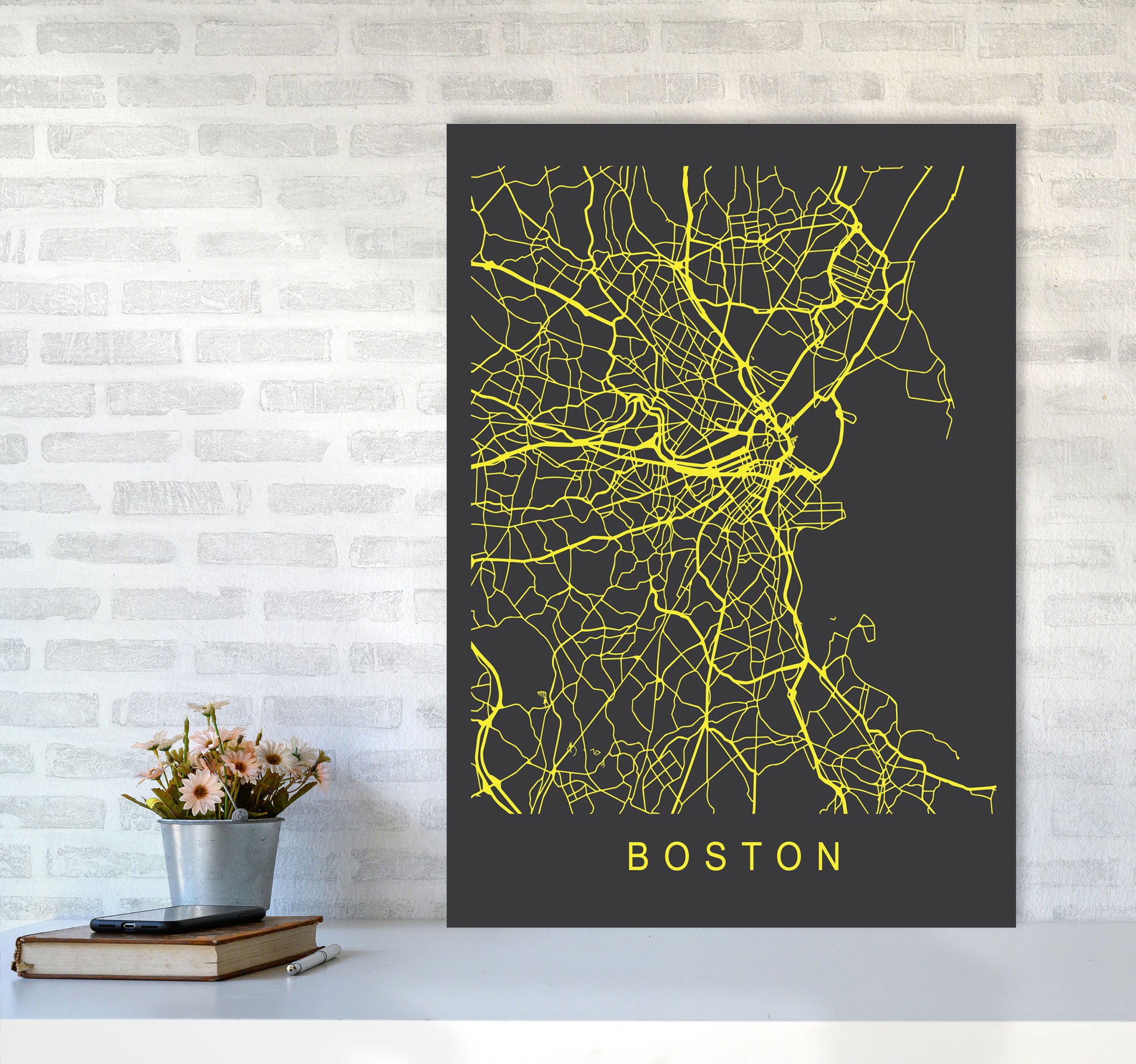 Boston Map Neon Art Print by Pixy Paper A1 Black Frame