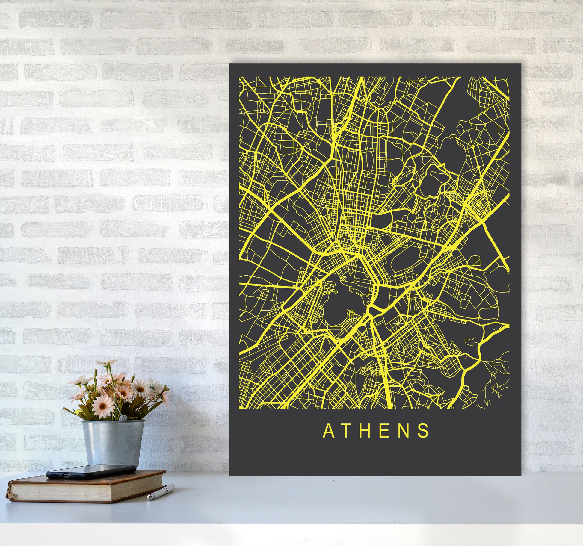 Athens Map Neon Art Print by Pixy Paper A1 Black Frame