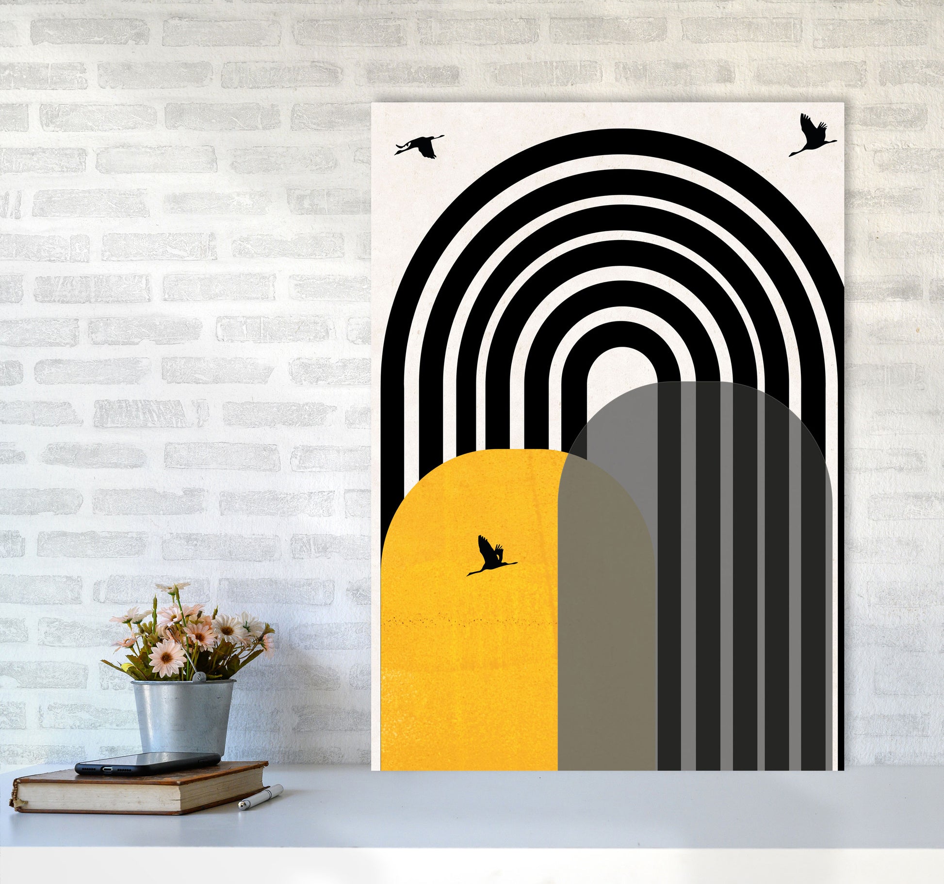 Giant rainbow with birds mustard Art Print by Pixy Paper A1 Black Frame