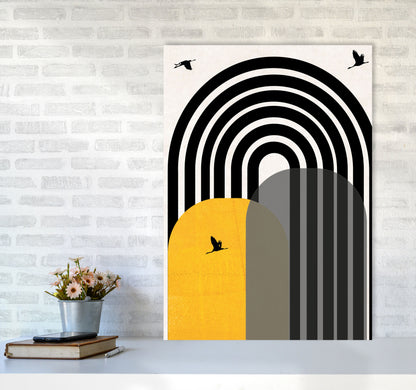 Giant rainbow with birds mustard Art Print by Pixy Paper A1 Black Frame