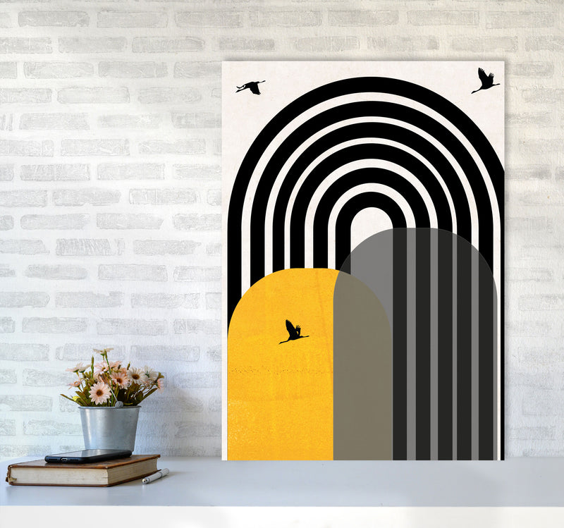 Giant rainbow with birds mustard Art Print by Pixy Paper A1 Black Frame