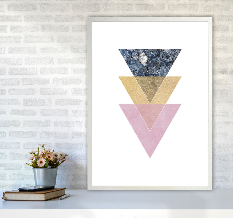 Blue, Gold And Pink Abstract Triangles Modern Print A1 Oak Frame