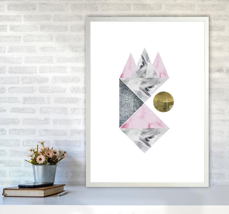 Pink And Grey Abstract Triangles Modern Print A1 Oak Frame