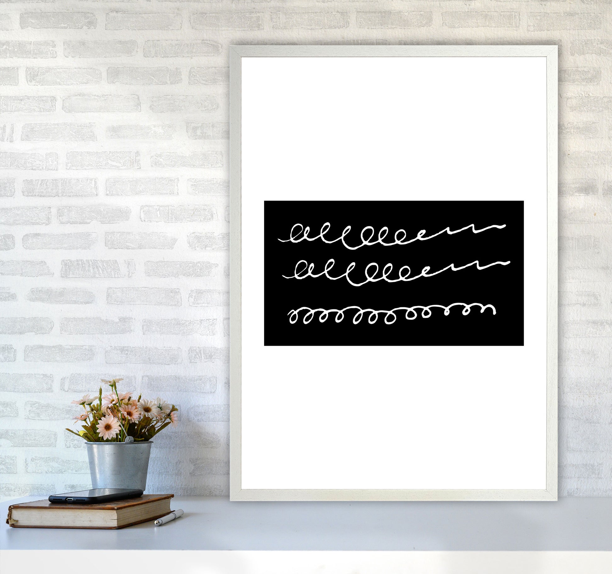 Black Rectangle Swirls Abstract Modern Print A1 Oak Frame