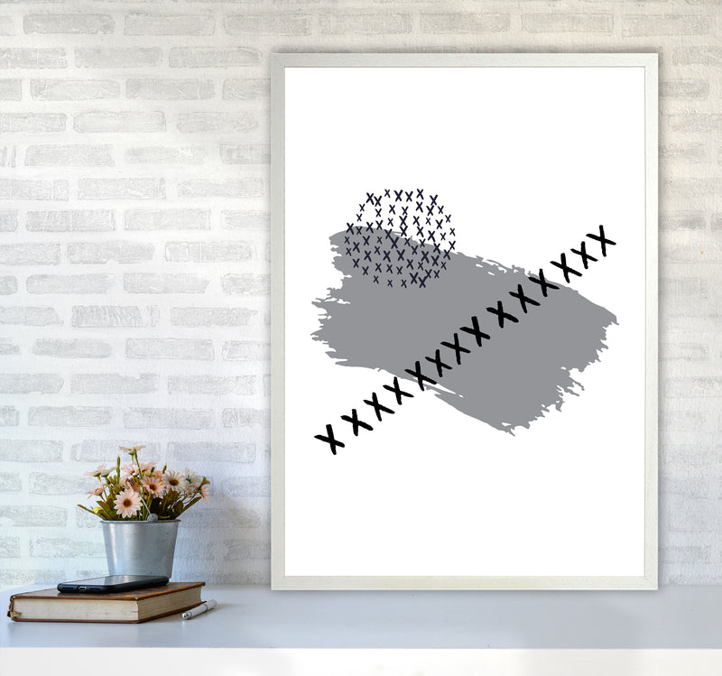 Grey X Paint Brush Abstract Modern Print A1 Oak Frame