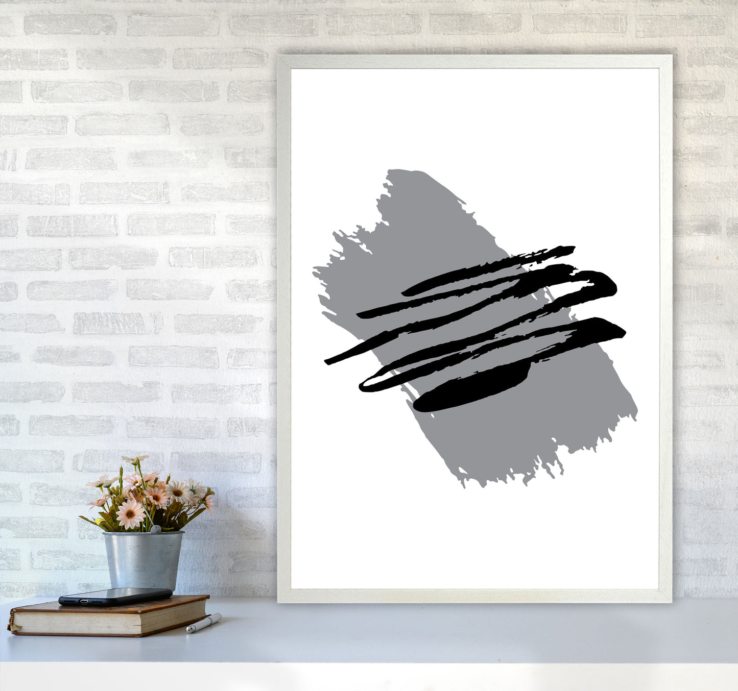 Grey Jaggered Paint Brush Abstract Modern Print A1 Oak Frame