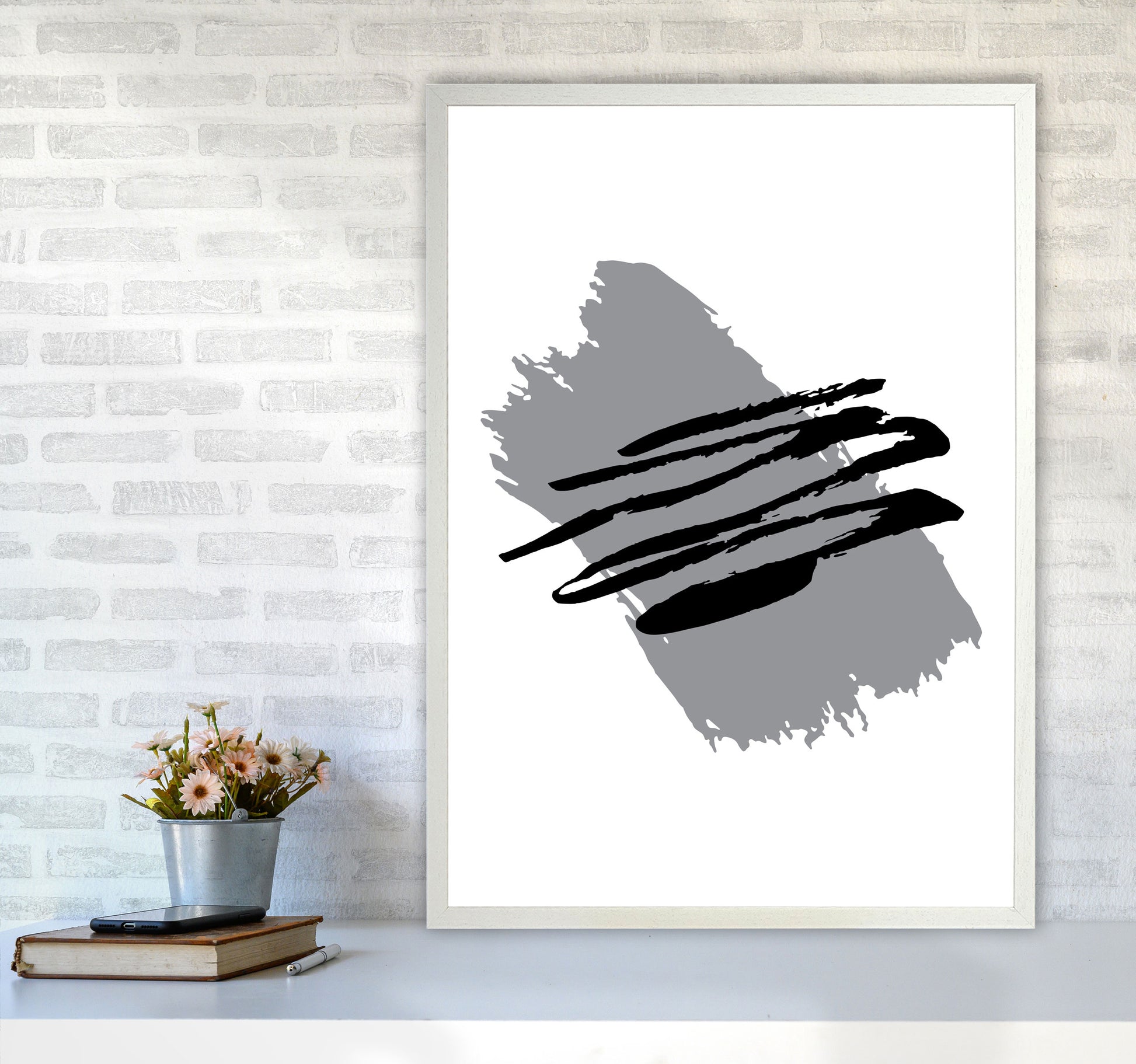Grey Jaggered Paint Brush Abstract Modern Print A1 Oak Frame