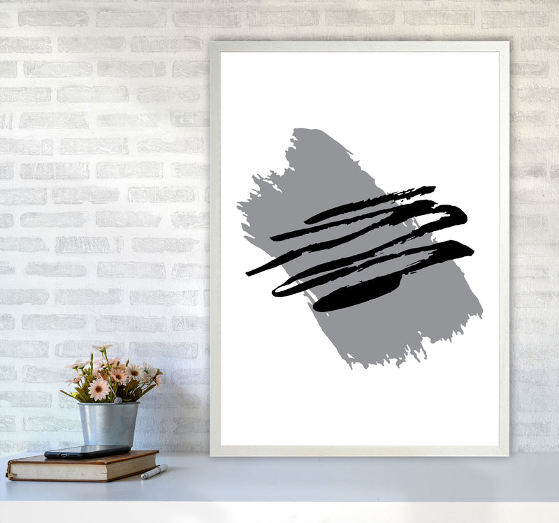 Grey Jaggered Paint Brush Abstract Modern Print A1 Oak Frame