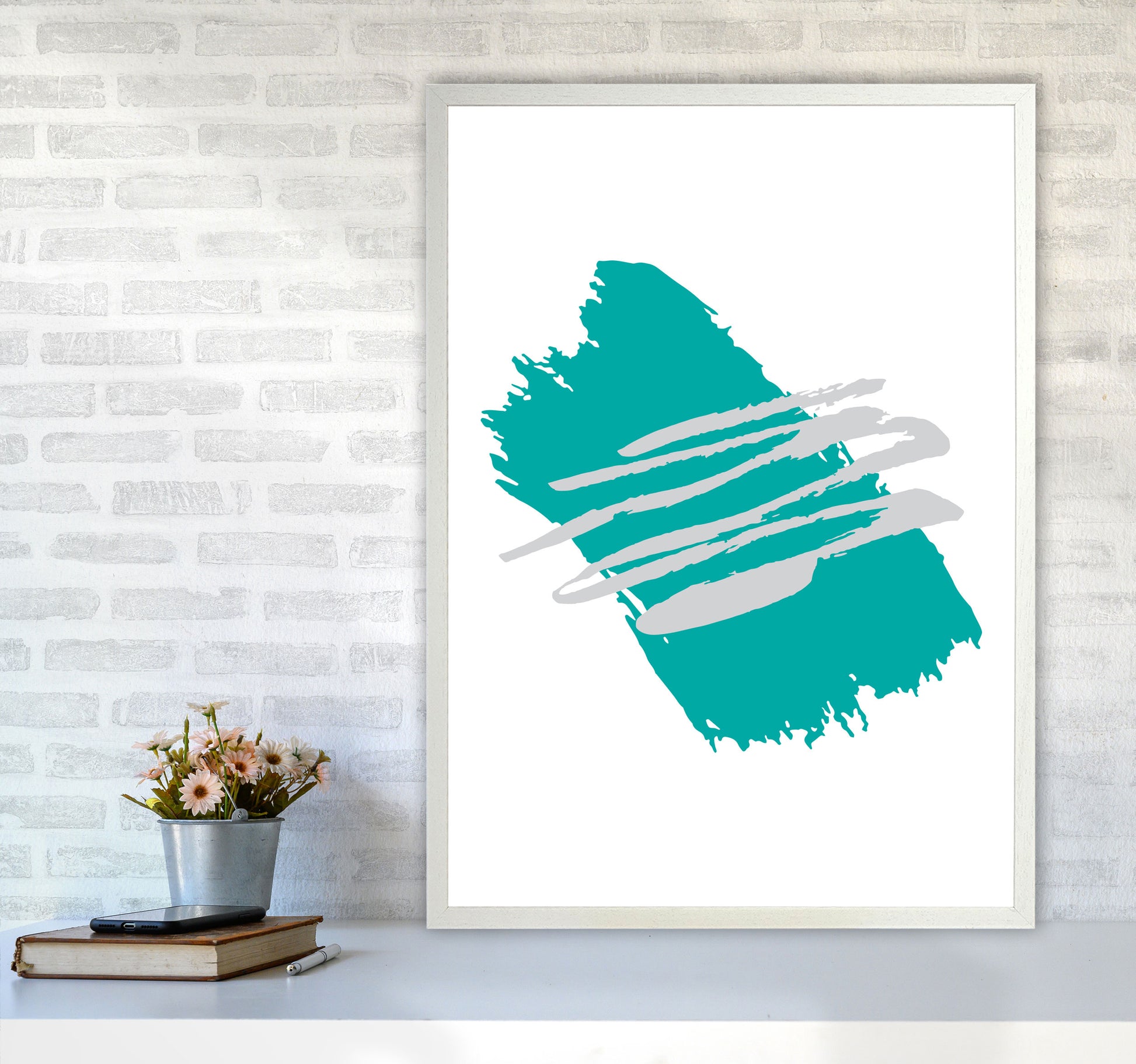 Teal Jaggered Paint Brush Abstract Modern Print A1 Oak Frame