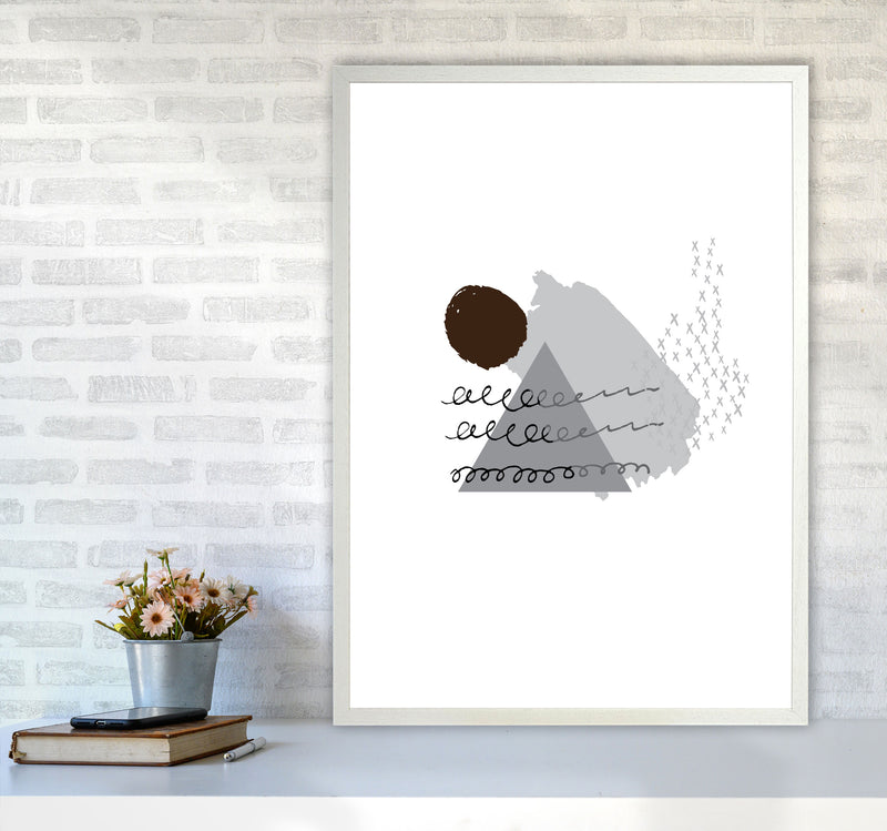 Grey And Black Mountain Sun Abstract Modern Print A1 Oak Frame