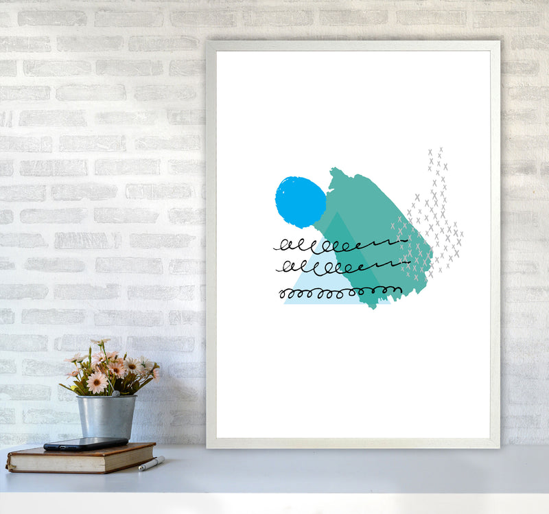 Teal And Blue Mountain Sun Abstract Modern Print A1 Oak Frame