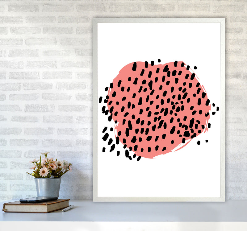 Coral Blob With Black Polka Dots Abstract Modern Print A1 Oak Frame