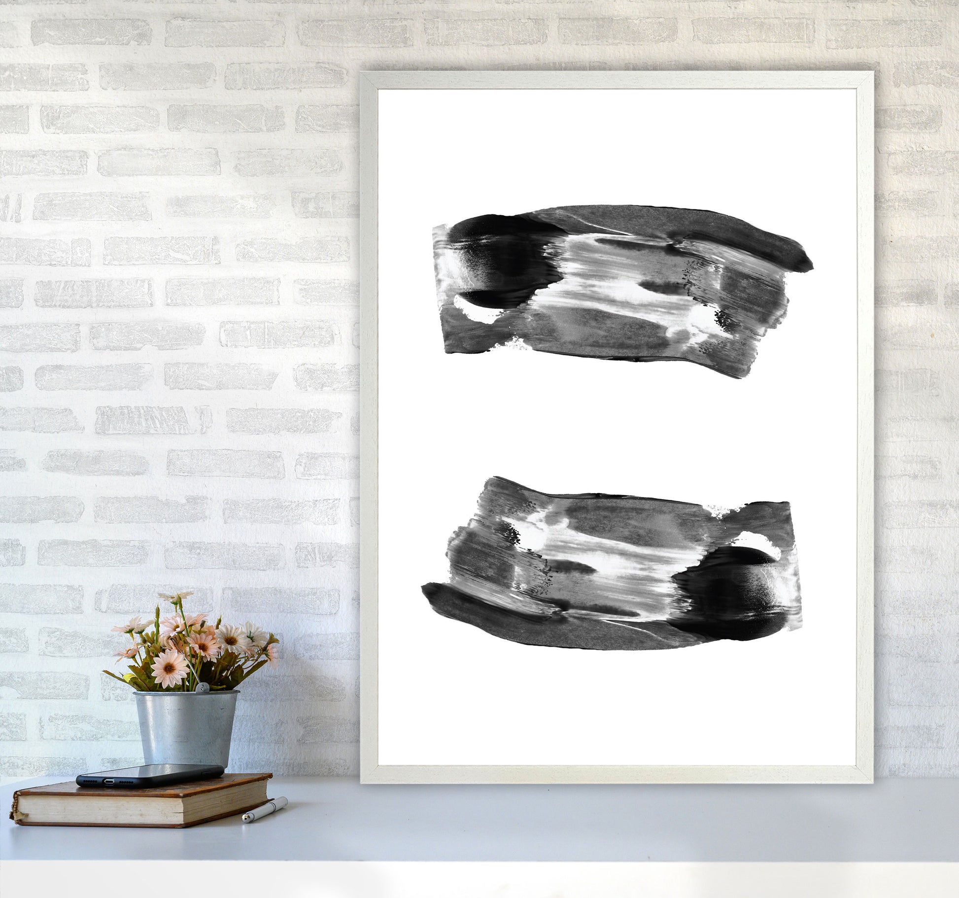 Black Abstract Paint Strokes Modern Print A1 Oak Frame