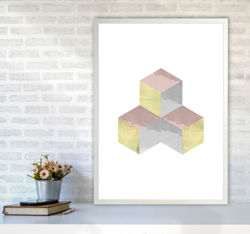 Gold, Pink And Grey Abstract Cubes Modern Print A1 Oak Frame