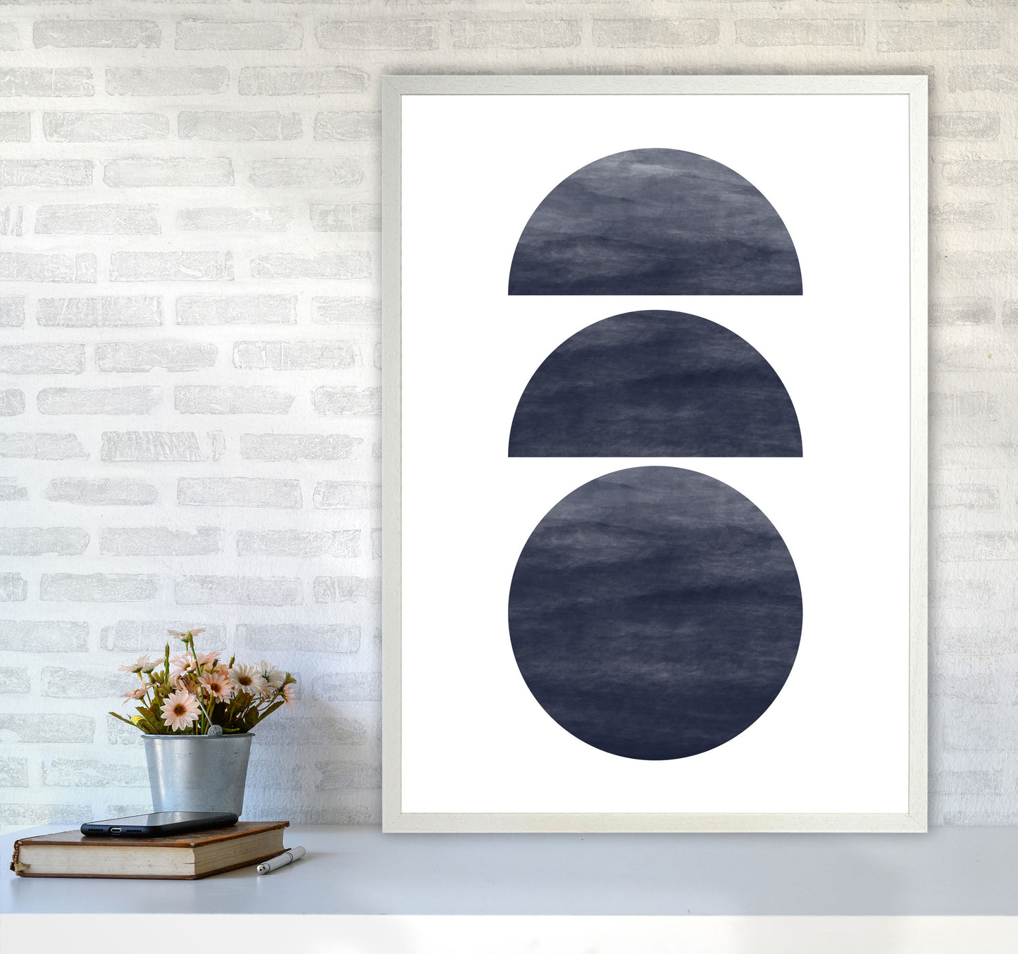 Abstract Navy Circles Modern Print A1 Oak Frame
