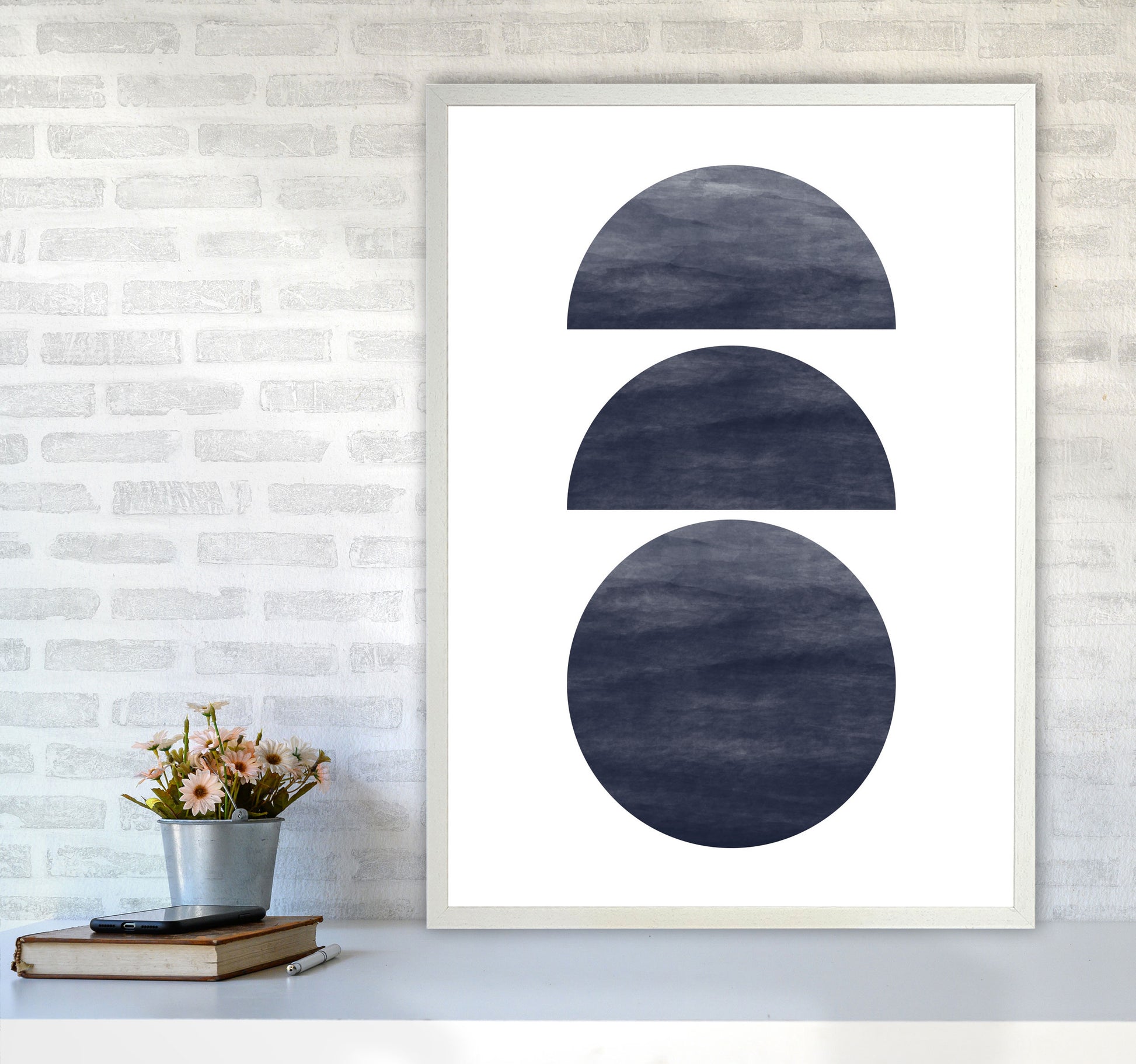 Abstract Navy Circles Modern Print A1 Oak Frame