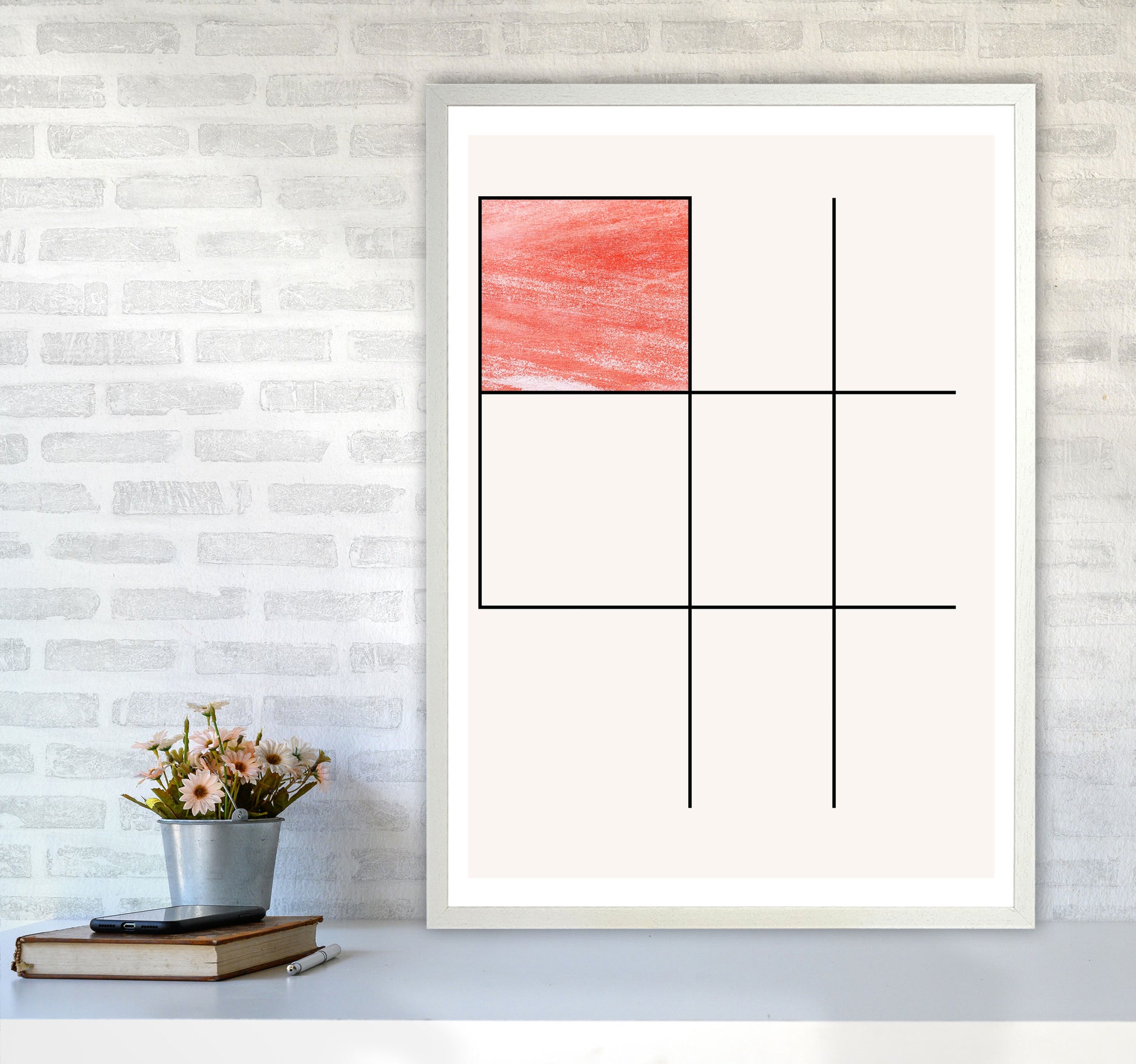 Abstract Red Crayon Geo 1 Modern Print A1 Oak Frame