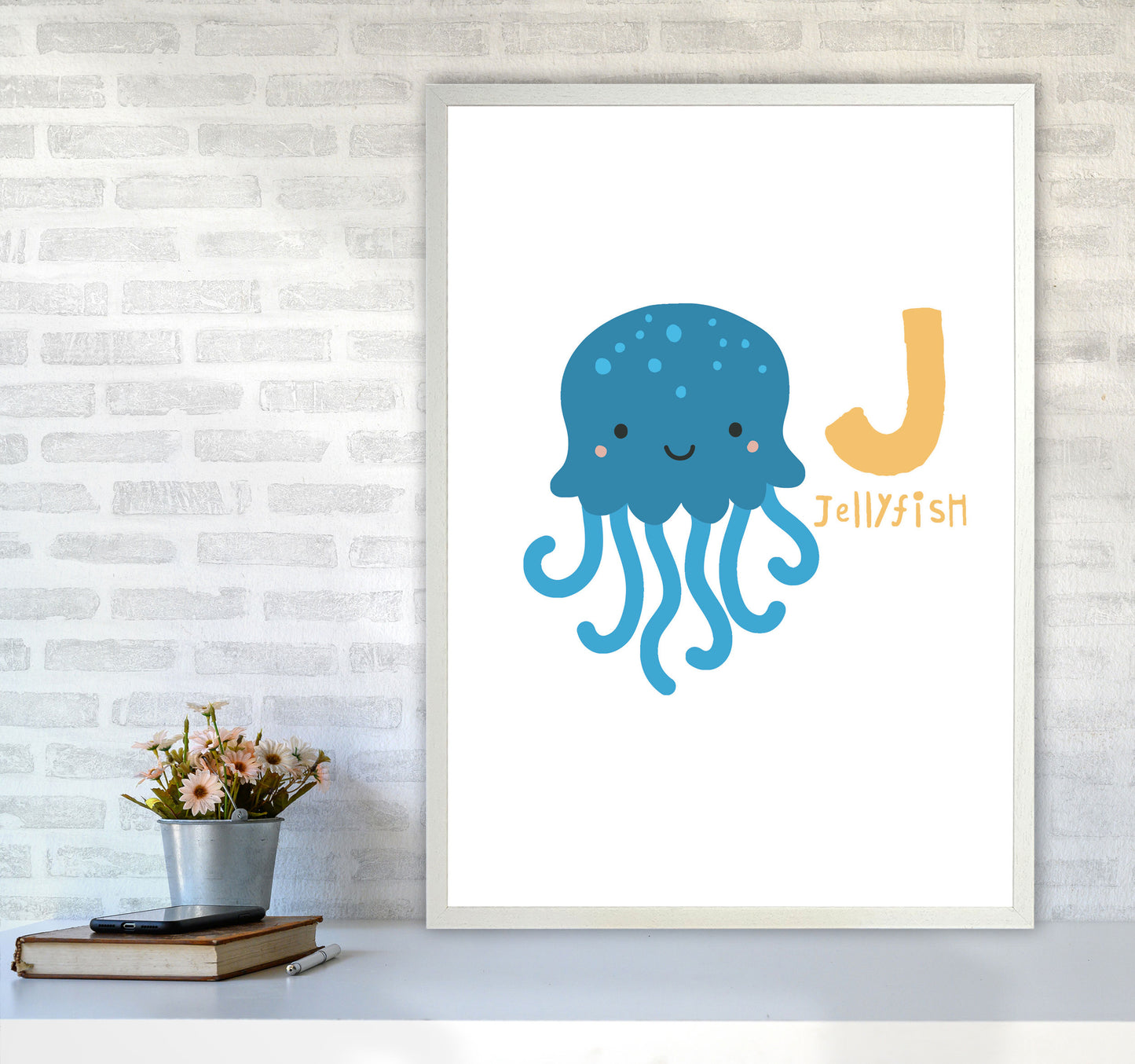 Alphabet Animals, J Is For Jellyfish Framed Nursey Wall Art Print A1 Oak Frame