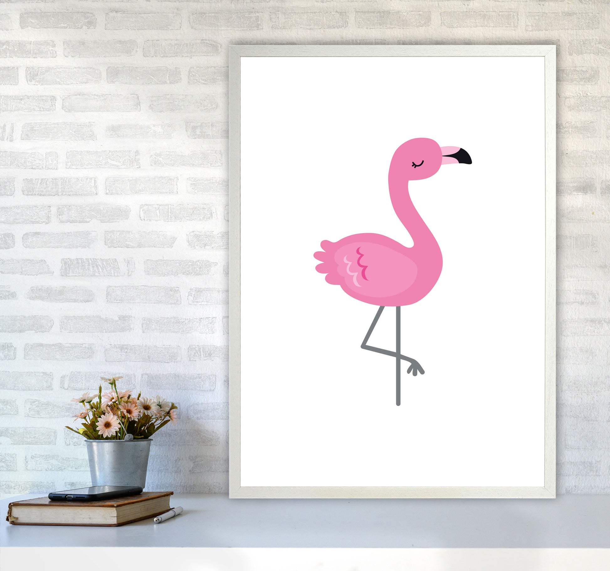 Children&#39;s Animals, Flamingo Modern Print A1 Oak Frame