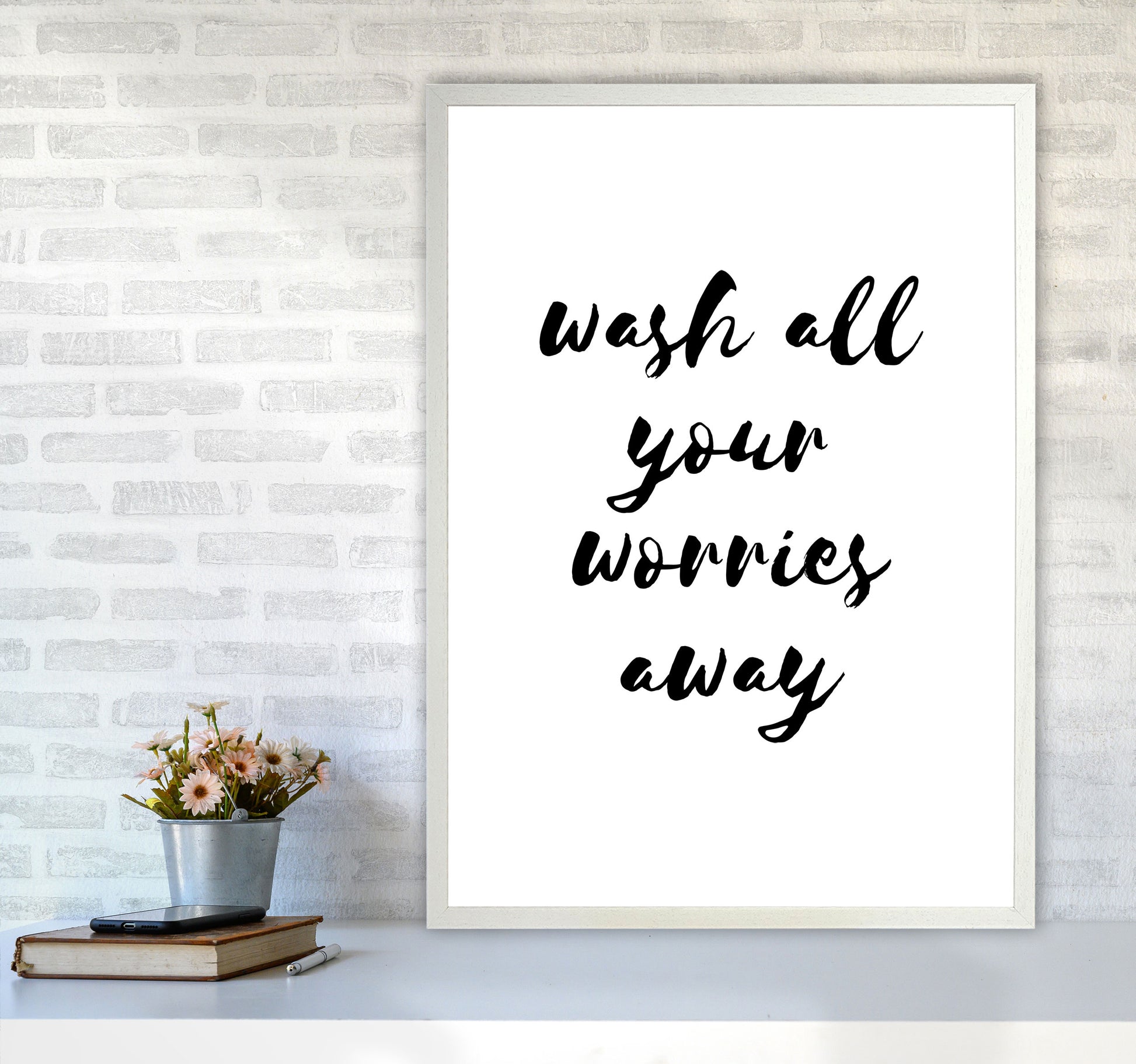 Wash All Your Worries Away, Bathroom Modern Print, Framed Bathroom Wall Art A1 Oak Frame
