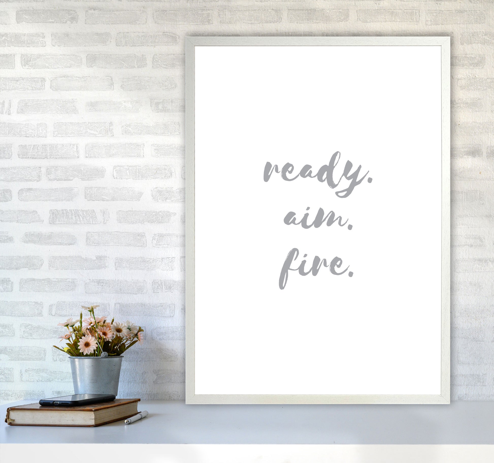 Ready Aim Fire Grey, Bathroom Modern Print, Framed Bathroom Wall Art A1 Oak Frame
