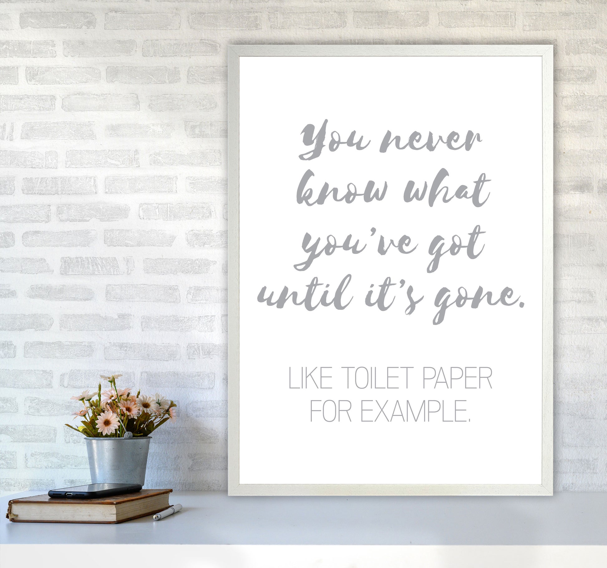 Toilet Roll Grey, Bathroom Modern Print, Framed Bathroom Wall Art A1 Oak Frame