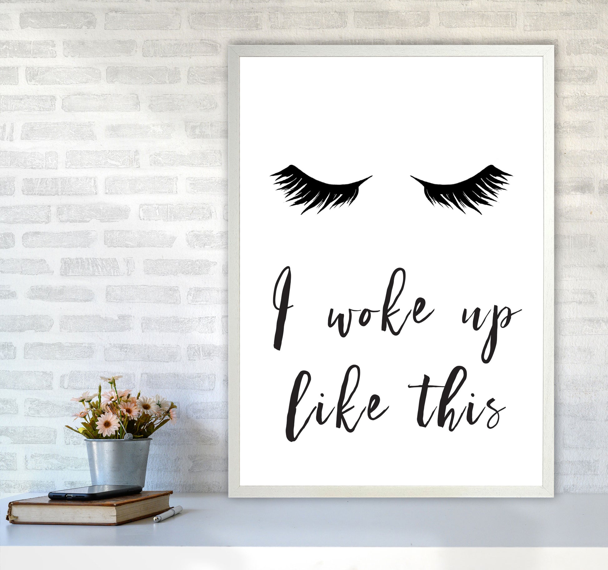 I Woke Up Like This Lashes Framed Typography Wall Art Print A1 Oak Frame