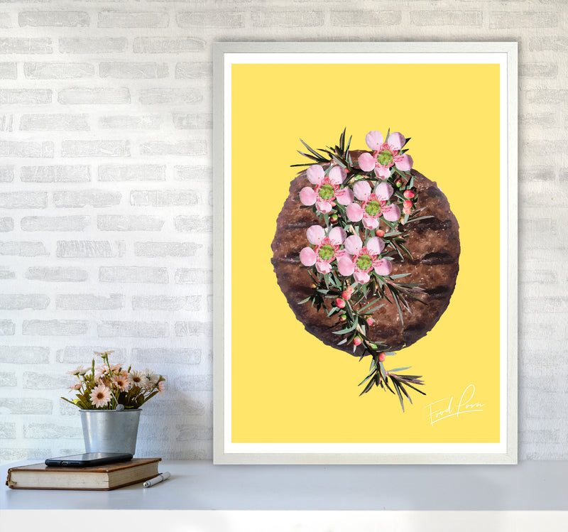 Yellow Burger Food Print, Framed Kitchen Wall Art A1 Oak Frame