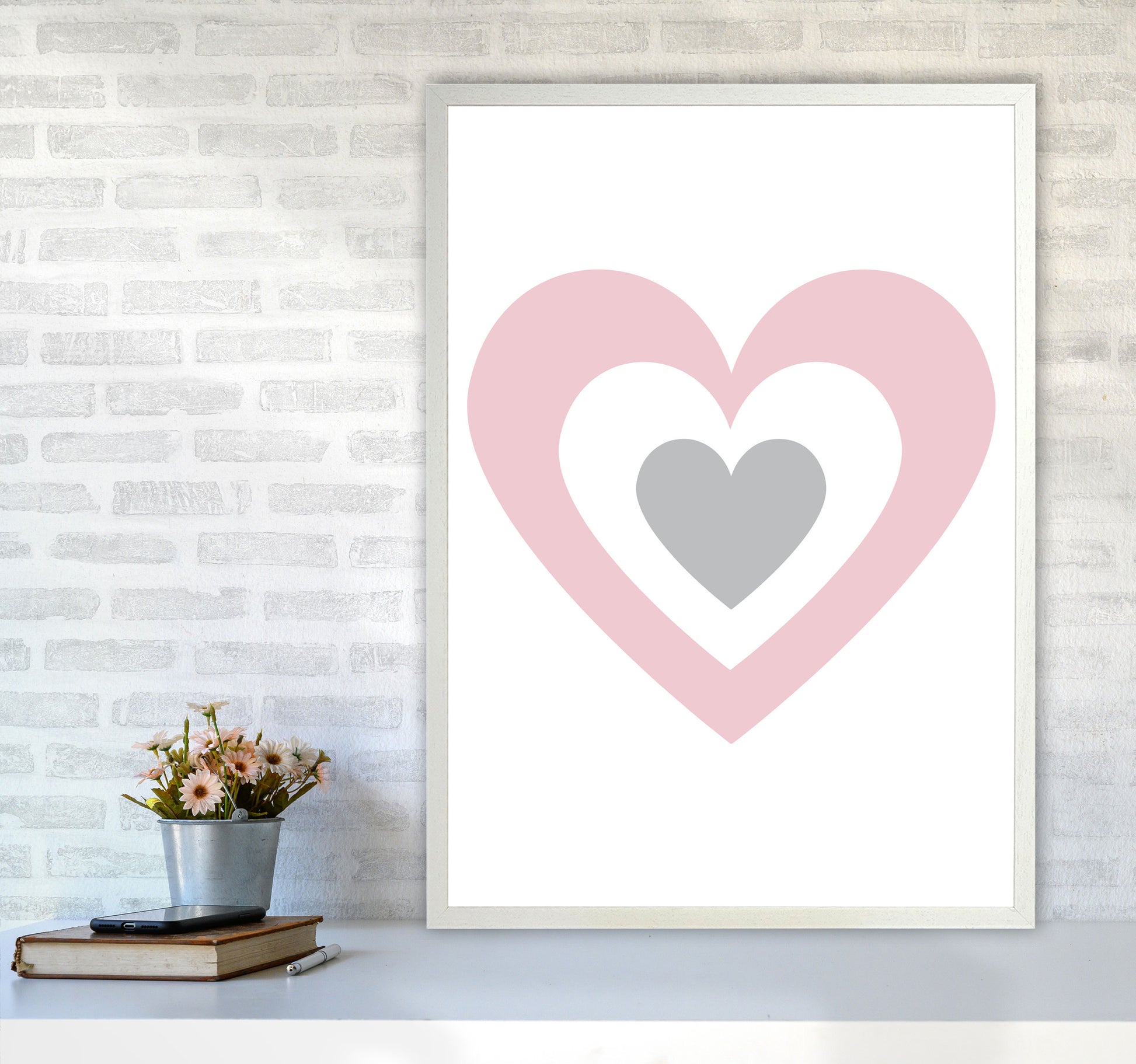 Pink And Grey Heart Modern Print A1 Oak Frame