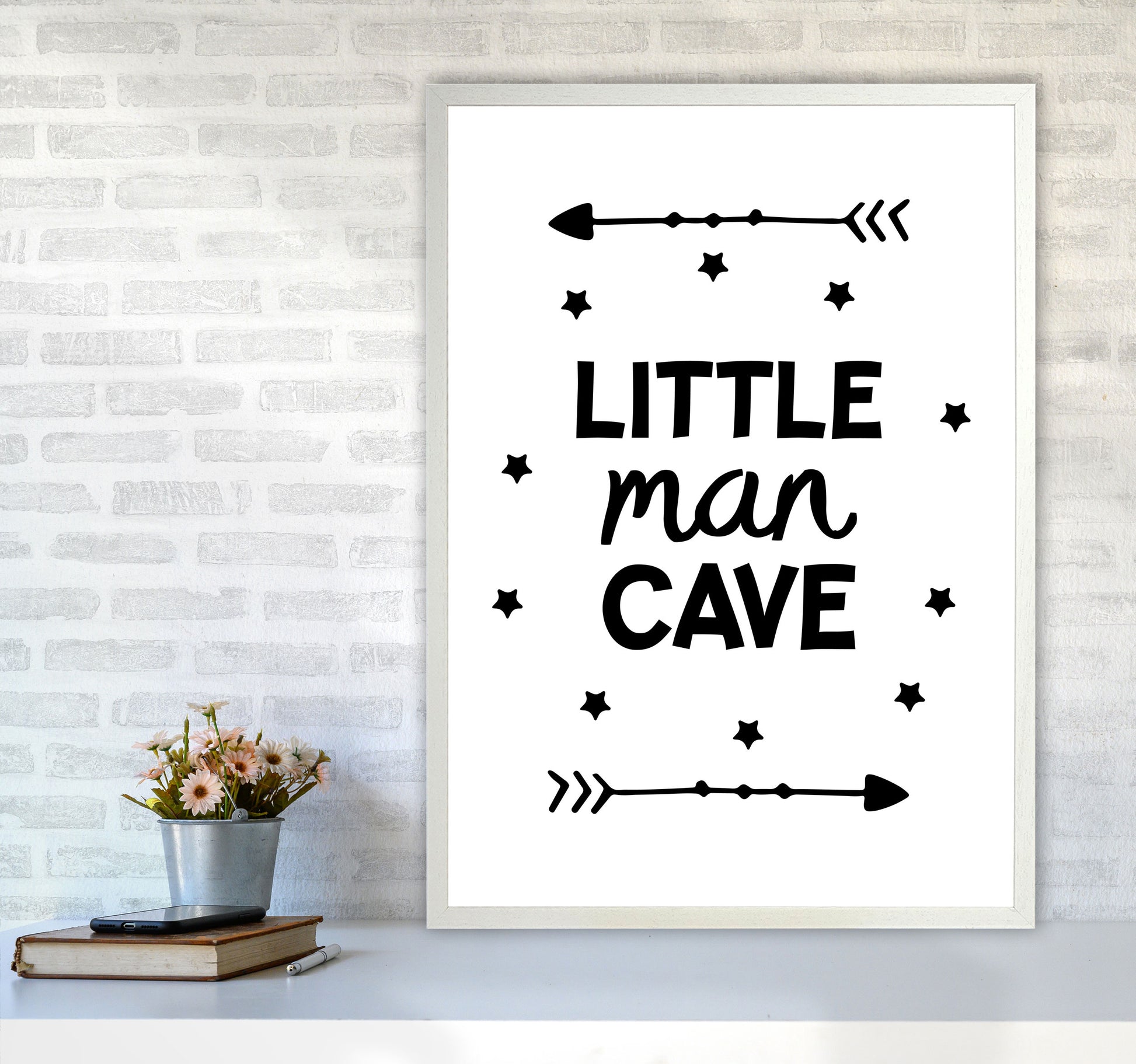 Little Man Cave Black Arrows Framed Nursey Wall Art Print A1 Oak Frame