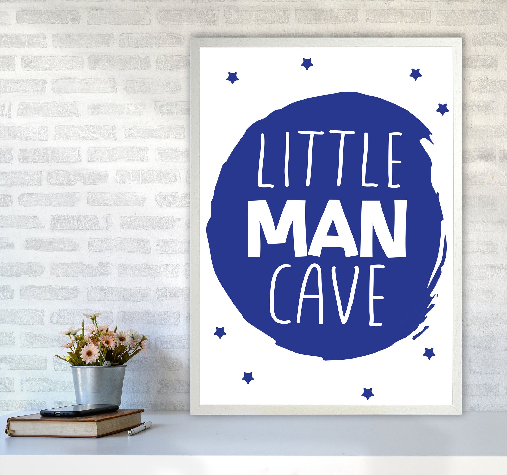 Little Man Cave Navy Circle Framed Nursey Wall Art Print A1 Oak Frame