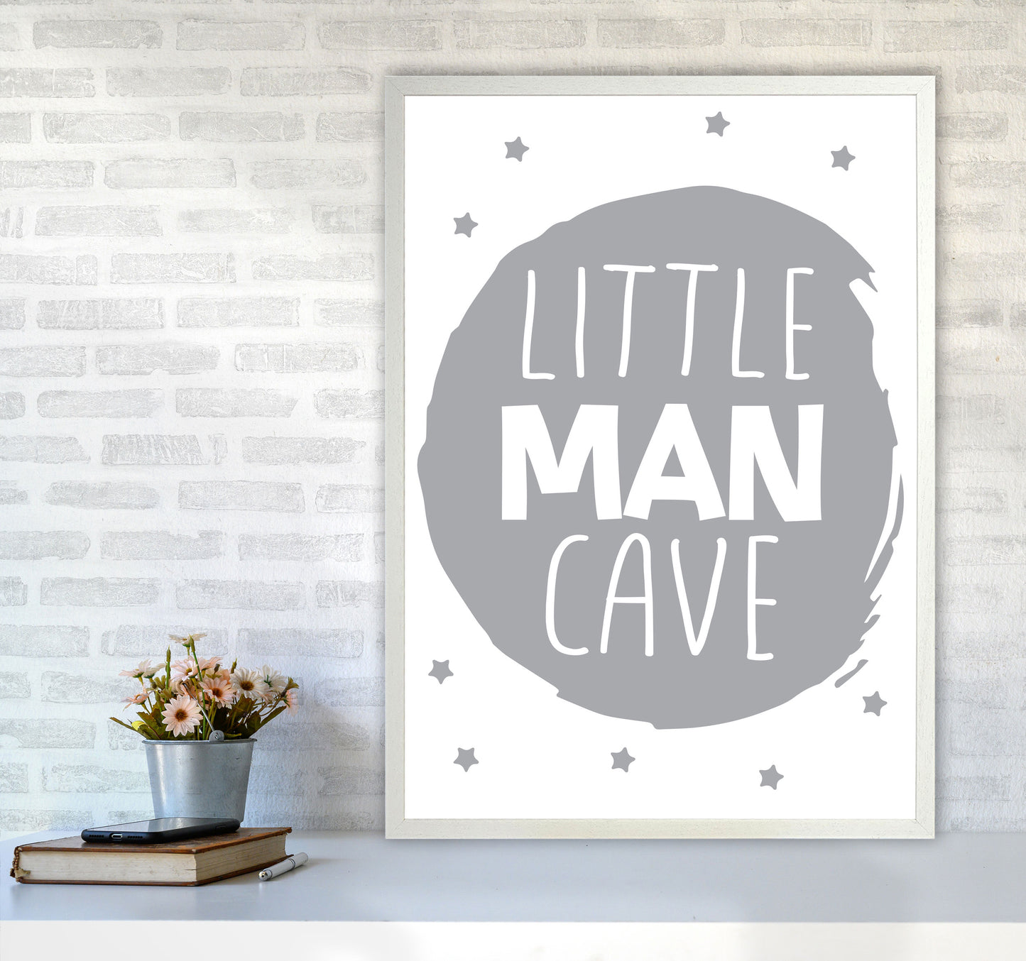 Little Man Cave Grey Circle Framed Nursey Wall Art Print A1 Oak Frame