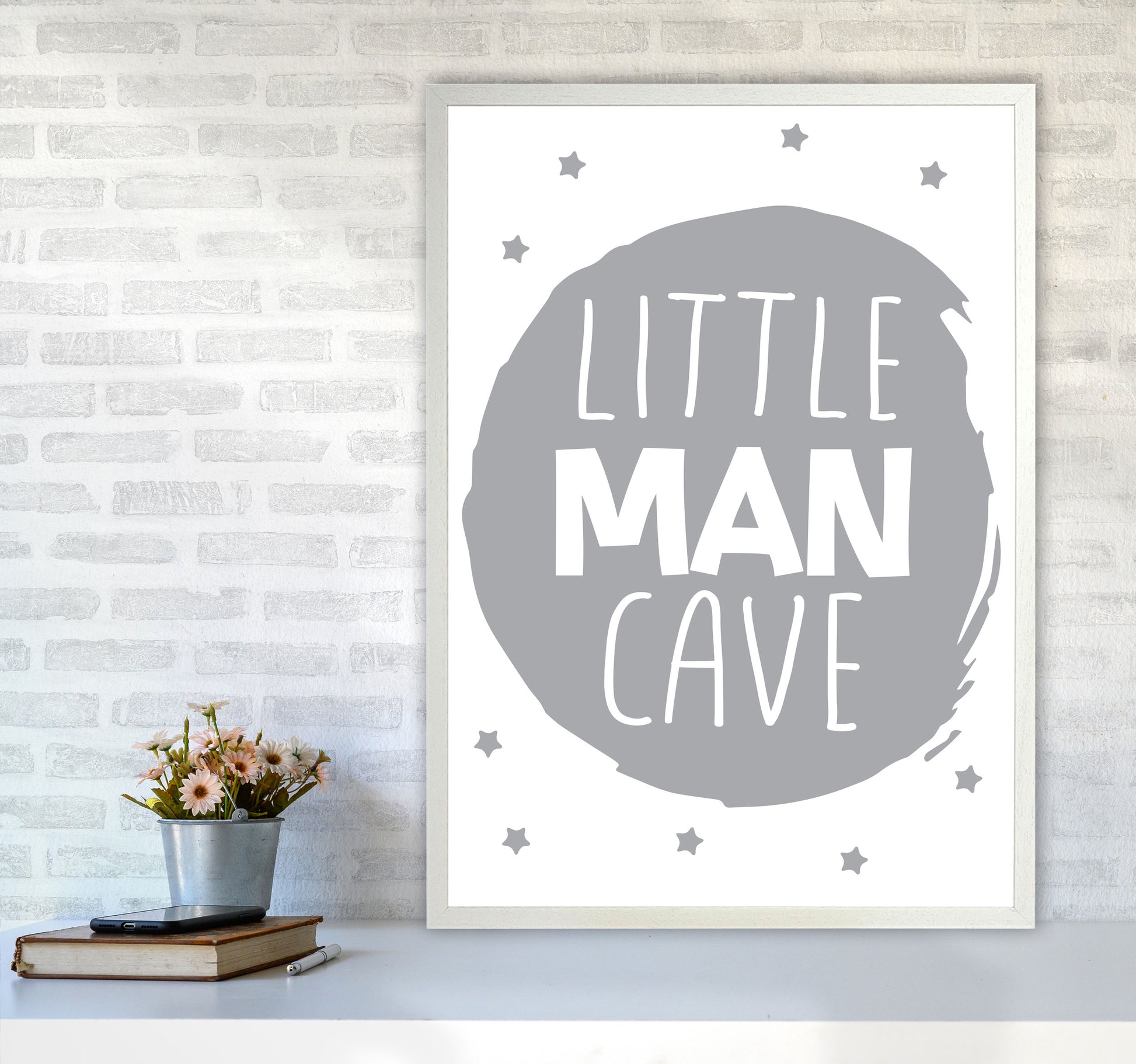 Little Man Cave Grey Circle Framed Nursey Wall Art Print A1 Oak Frame