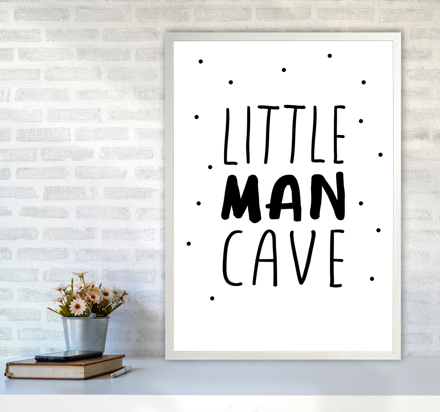 Little Man Cave Black Dots Framed Nursey Wall Art Print A1 Oak Frame