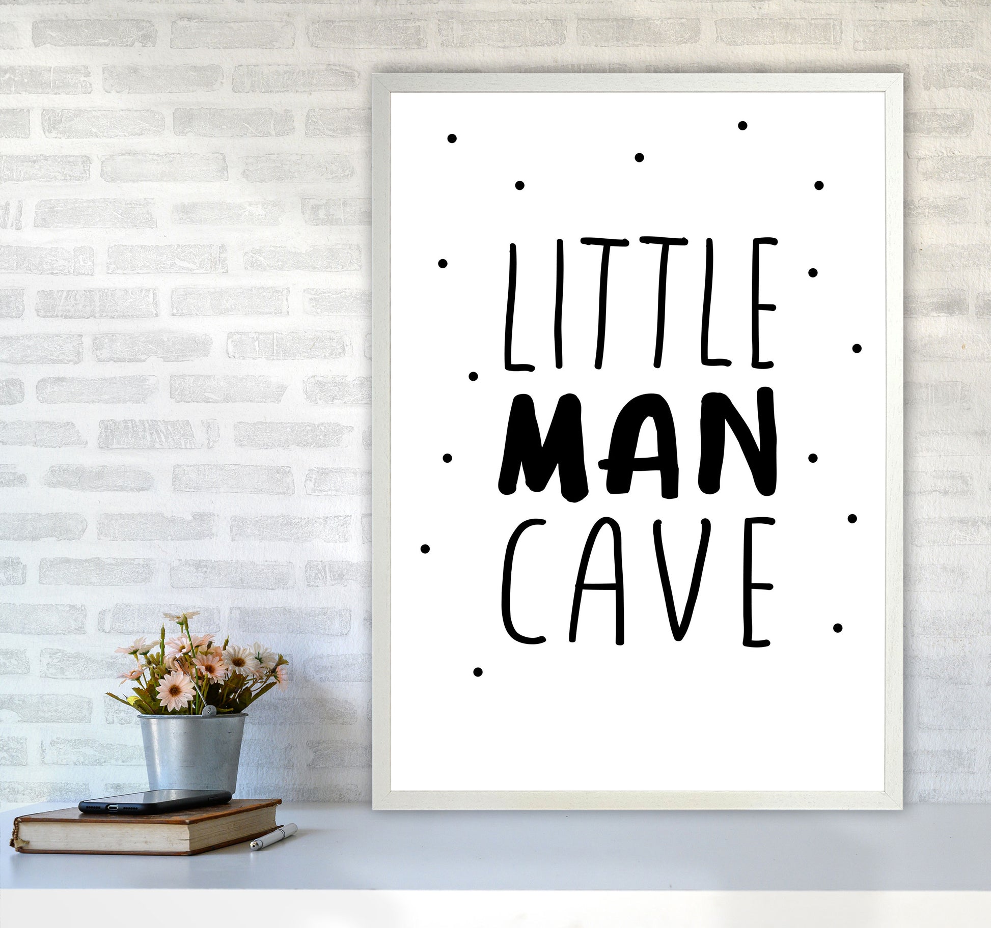 Little Man Cave Black Dots Framed Nursey Wall Art Print A1 Oak Frame