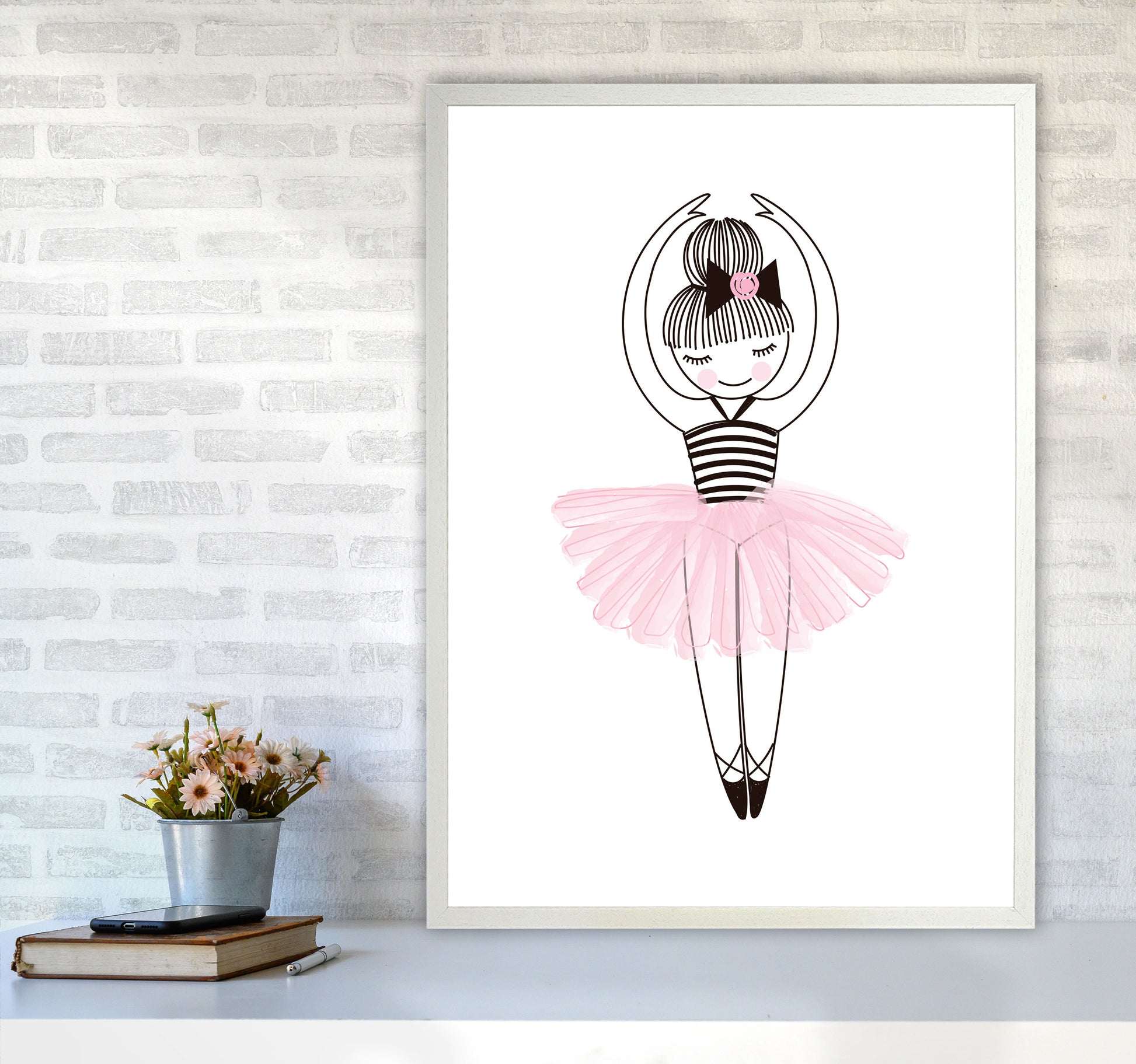 Girl&#39;s Ballerina Drawing Multi Set Illustration Wall Art Poster Print A1 Oak Frame