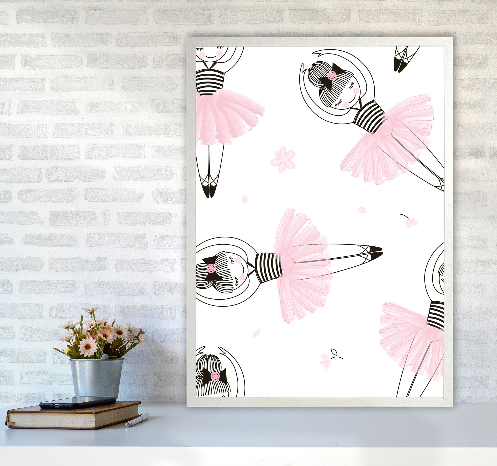 Ballerina Repeat Pattern Framed Nursey Wall Art Print A1 Oak Frame