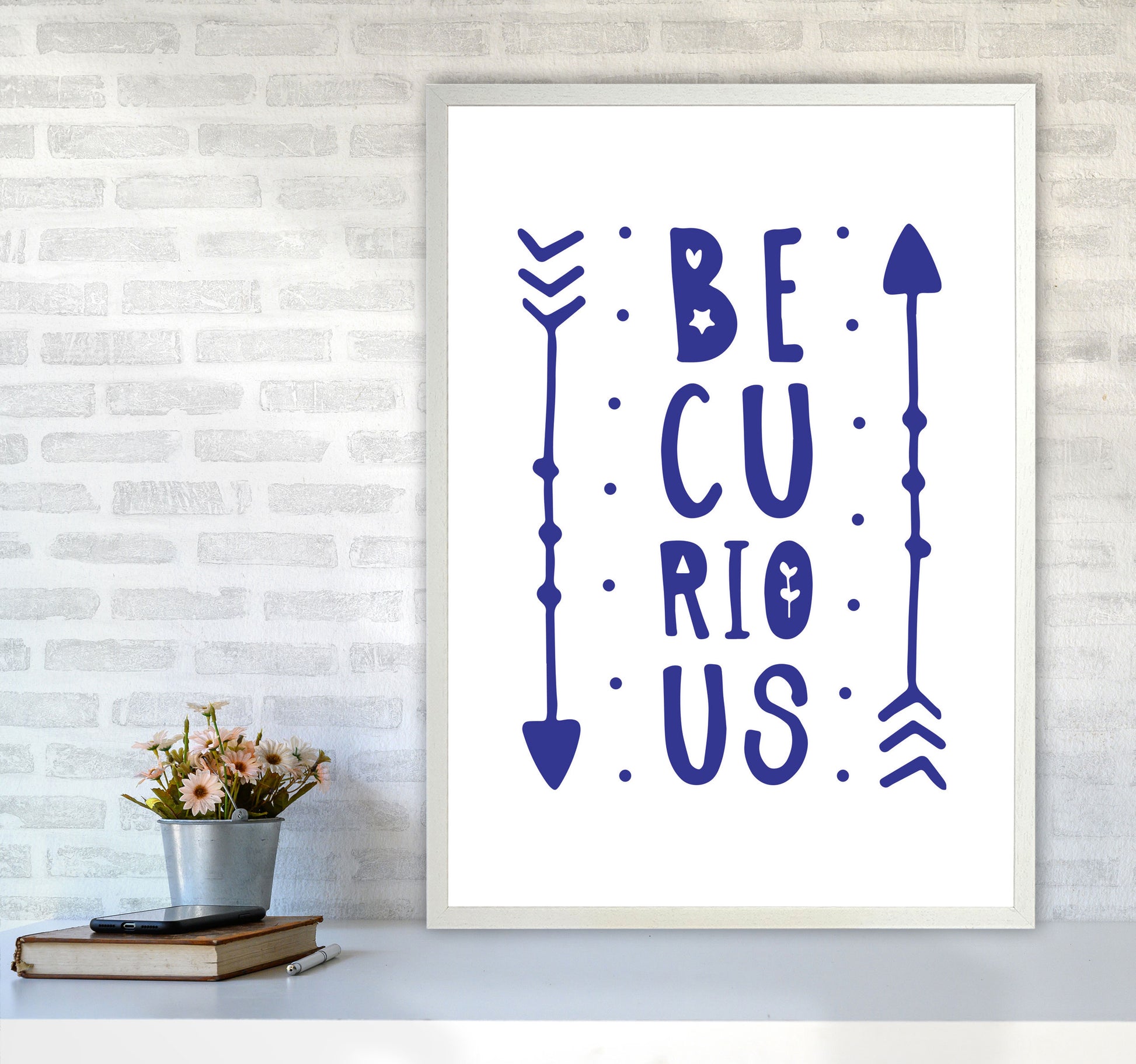 Be Curious Navy Framed Typography Wall Art Print A1 Oak Frame
