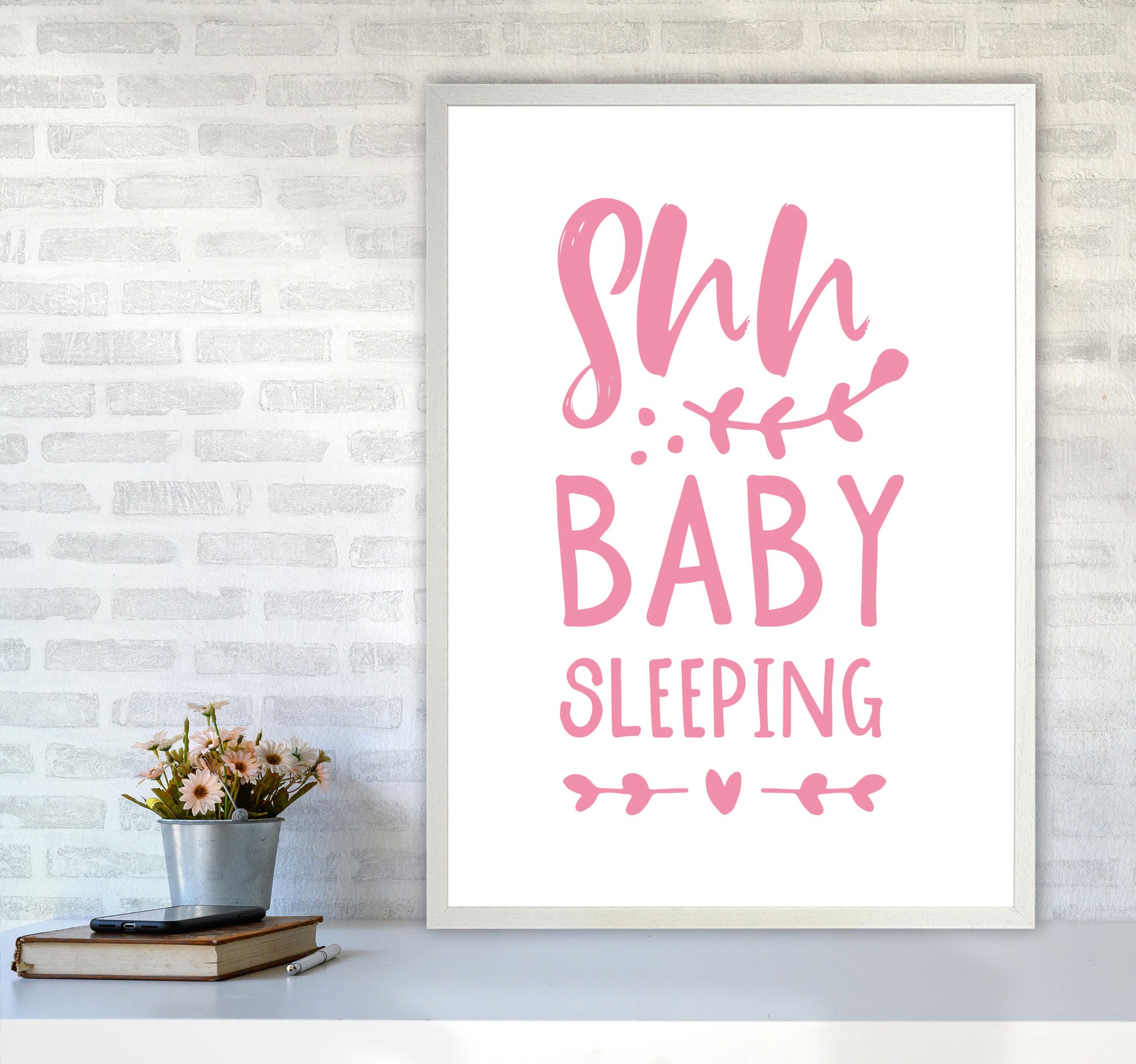 Shh Baby Sleeping Pink Framed Nursey Wall Art Print A1 Oak Frame