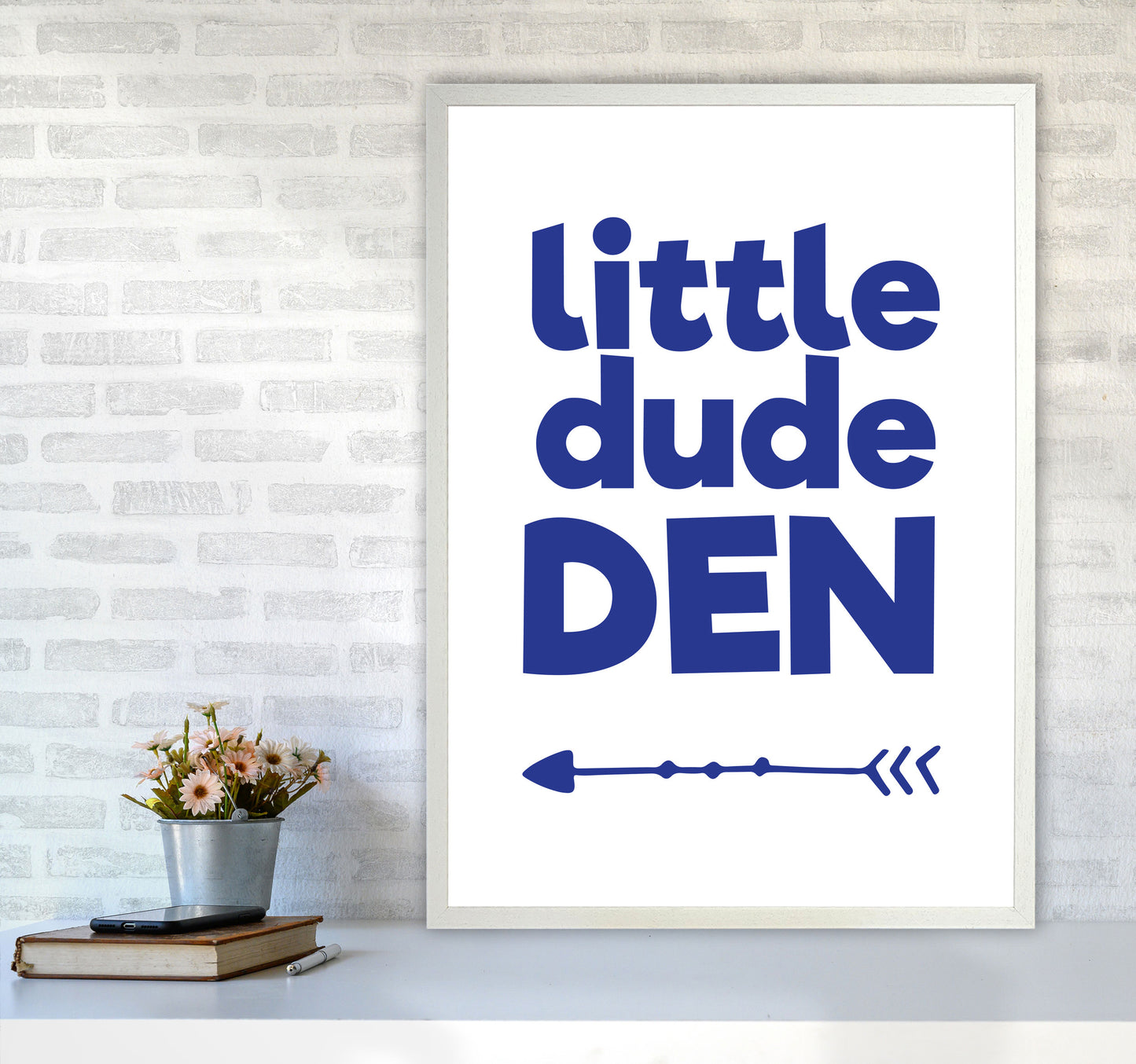 Little Dude Den Navy Framed Nursey Wall Art Print A1 Oak Frame
