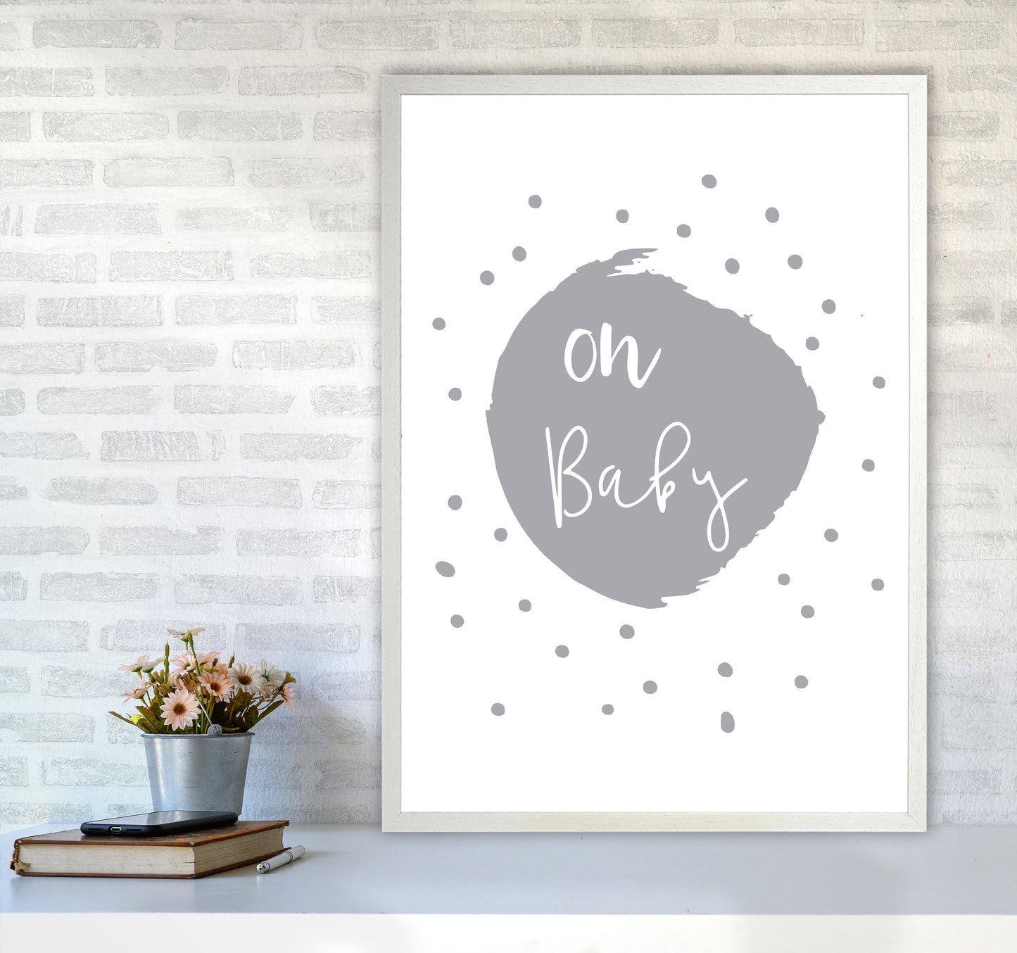 Oh Baby Grey Framed Typography Wall Art Print A1 Oak Frame