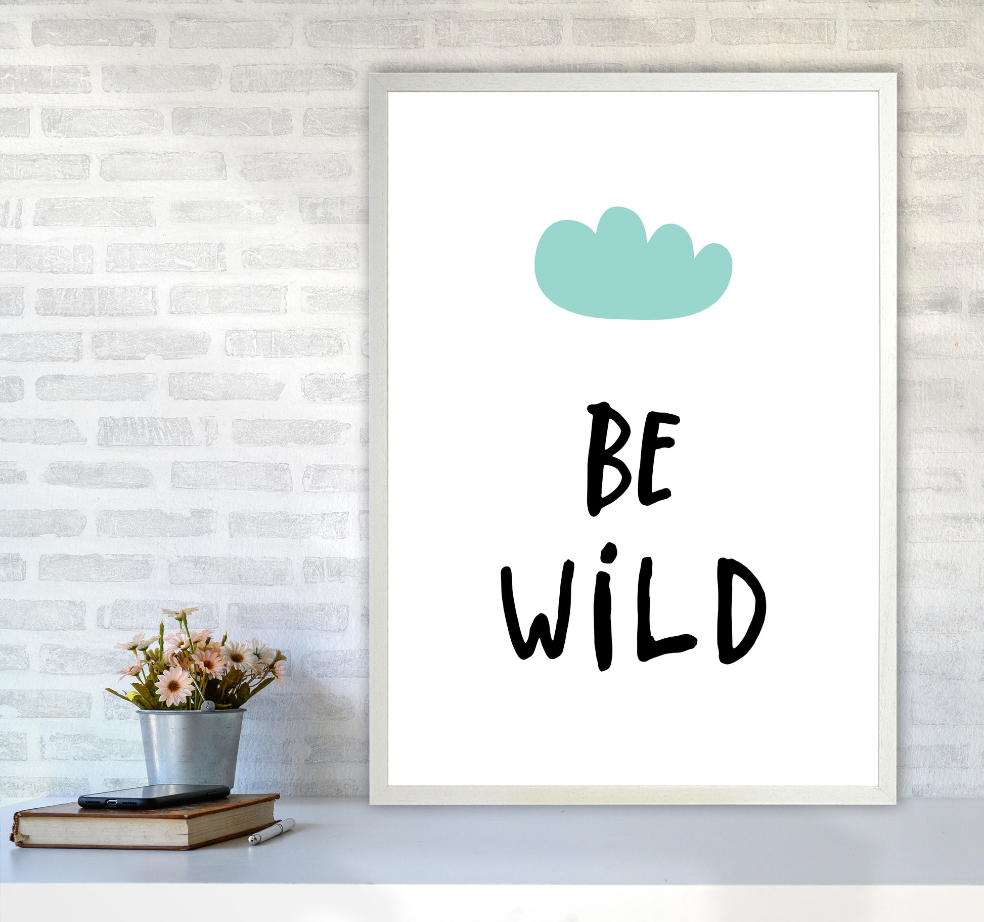 Be Wild Mint Cloud Framed Typography Wall Art Print A1 Oak Frame